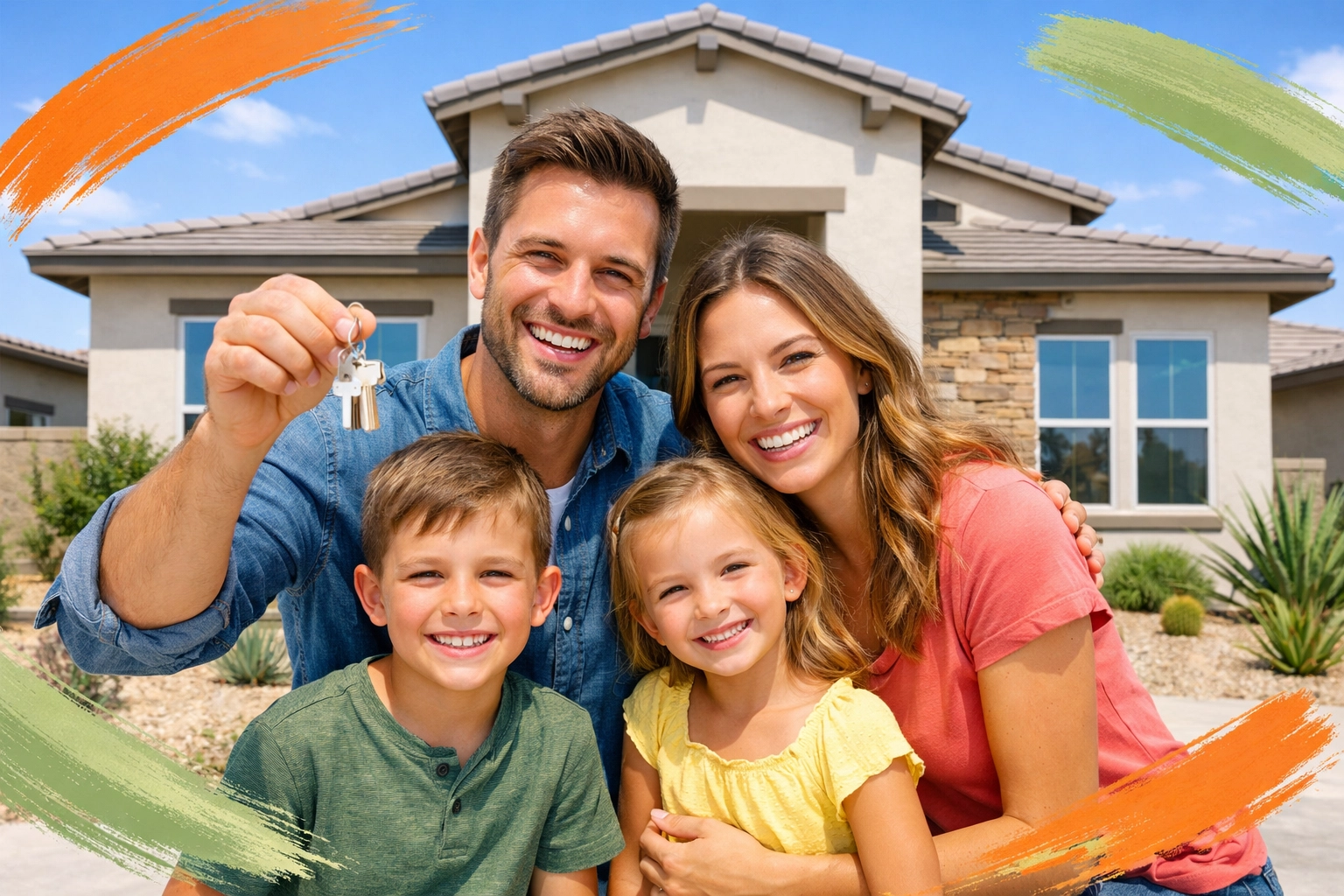 Happy family holding keys in front of new construction home in Phoenix suburb