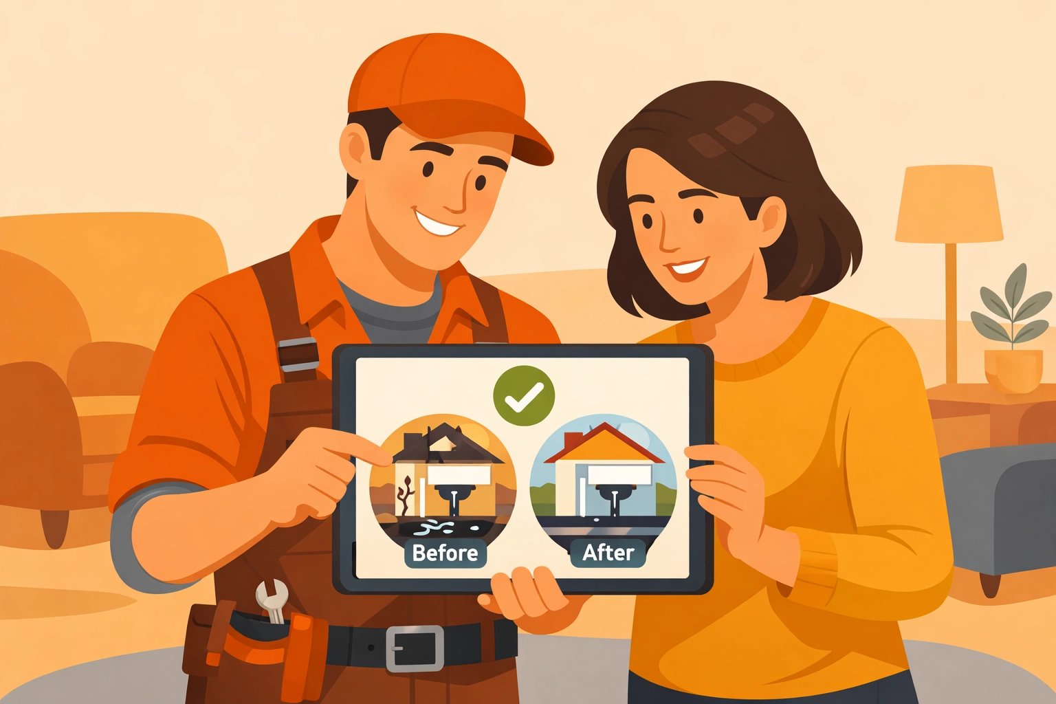 Contractor sharing a digital before and after photo timeline with a client on a tablet for job proof.