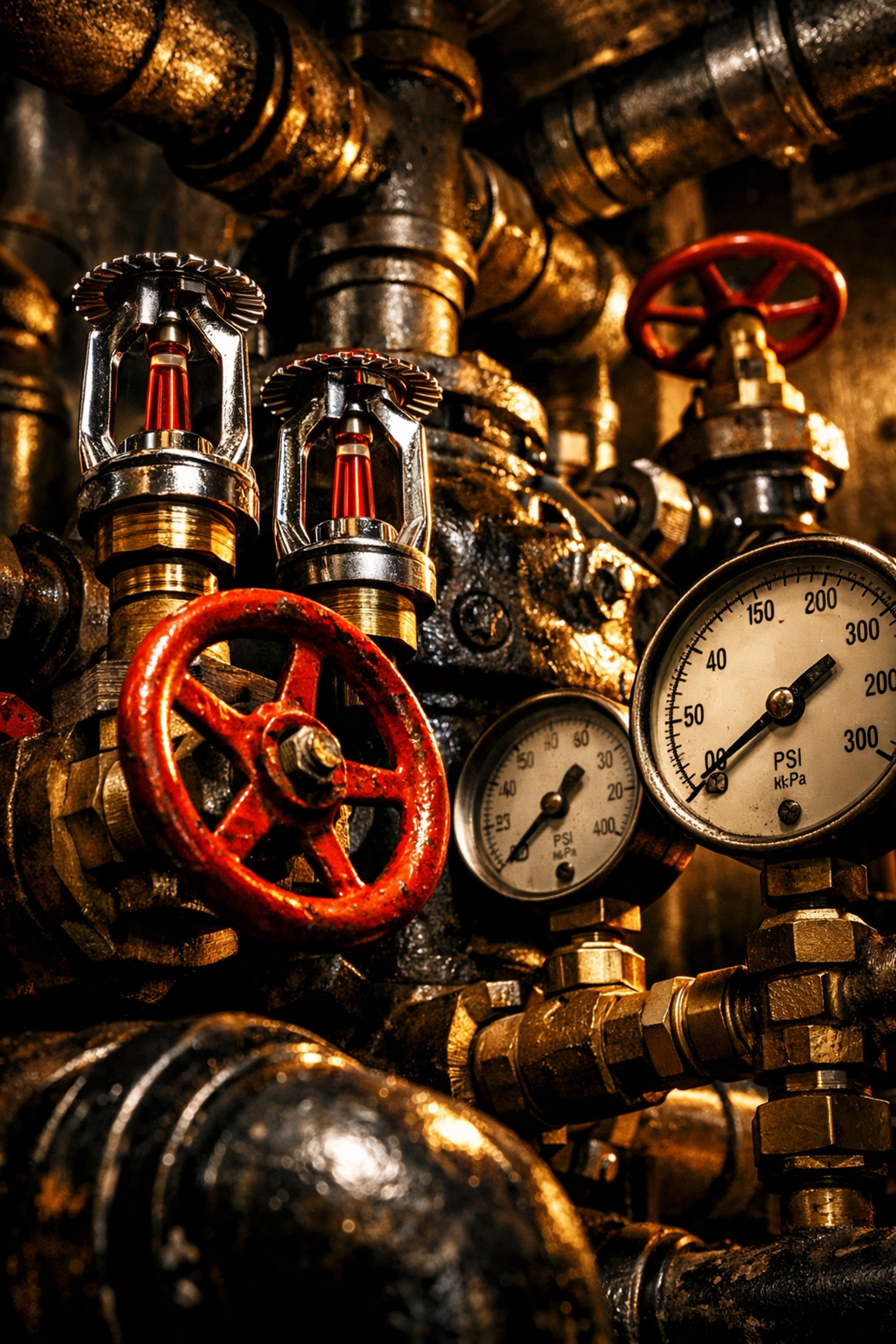 Fire suppression system components including sprinkler heads, valves, and pressure gauges