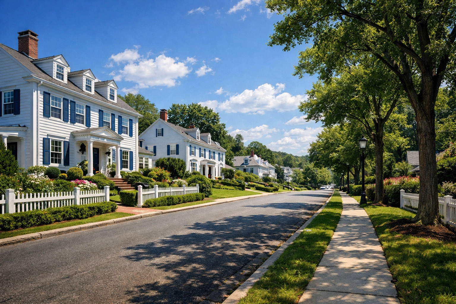 A clean, upscale street in Belmont Massachusetts featuring beautiful colonial homes.
