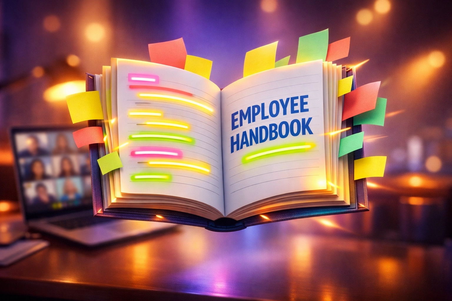 Employee handbook with highlighted policies on hybrid work relationships and workplace rules