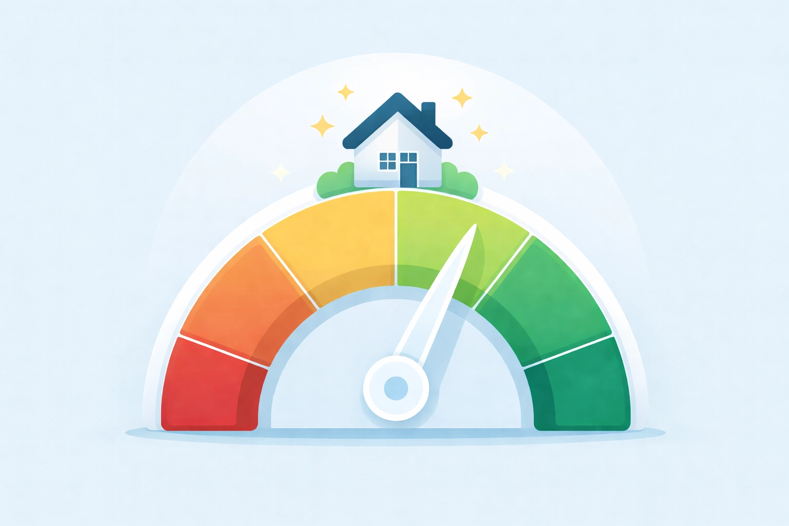 Gráfico minimalista muestra medidor de score de crédito subiendo hacia una casa, simbolizando mejorar crédito para comprar casa