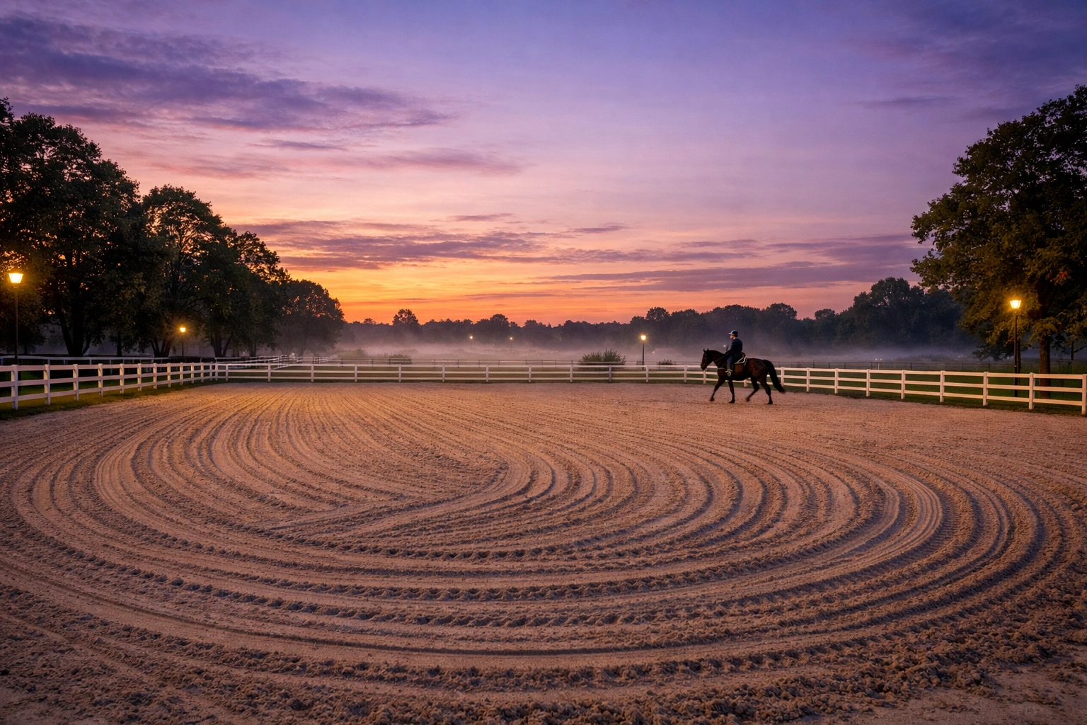 Riding arena with board fencing at horse farm in Waxhaw North Carolina