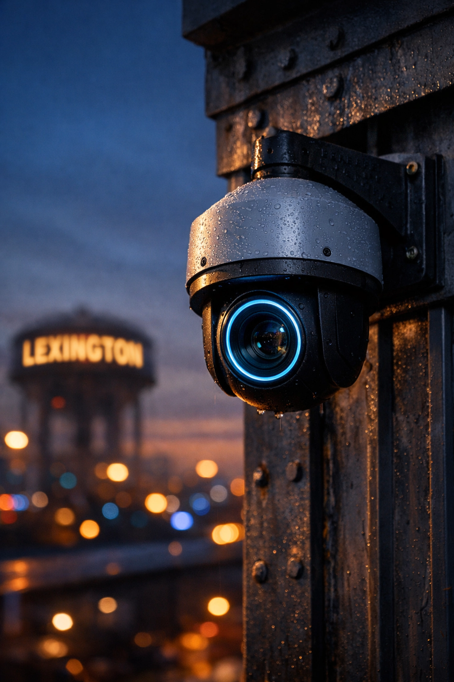 Business security camera installation on a Lexington KY warehouse at dusk.