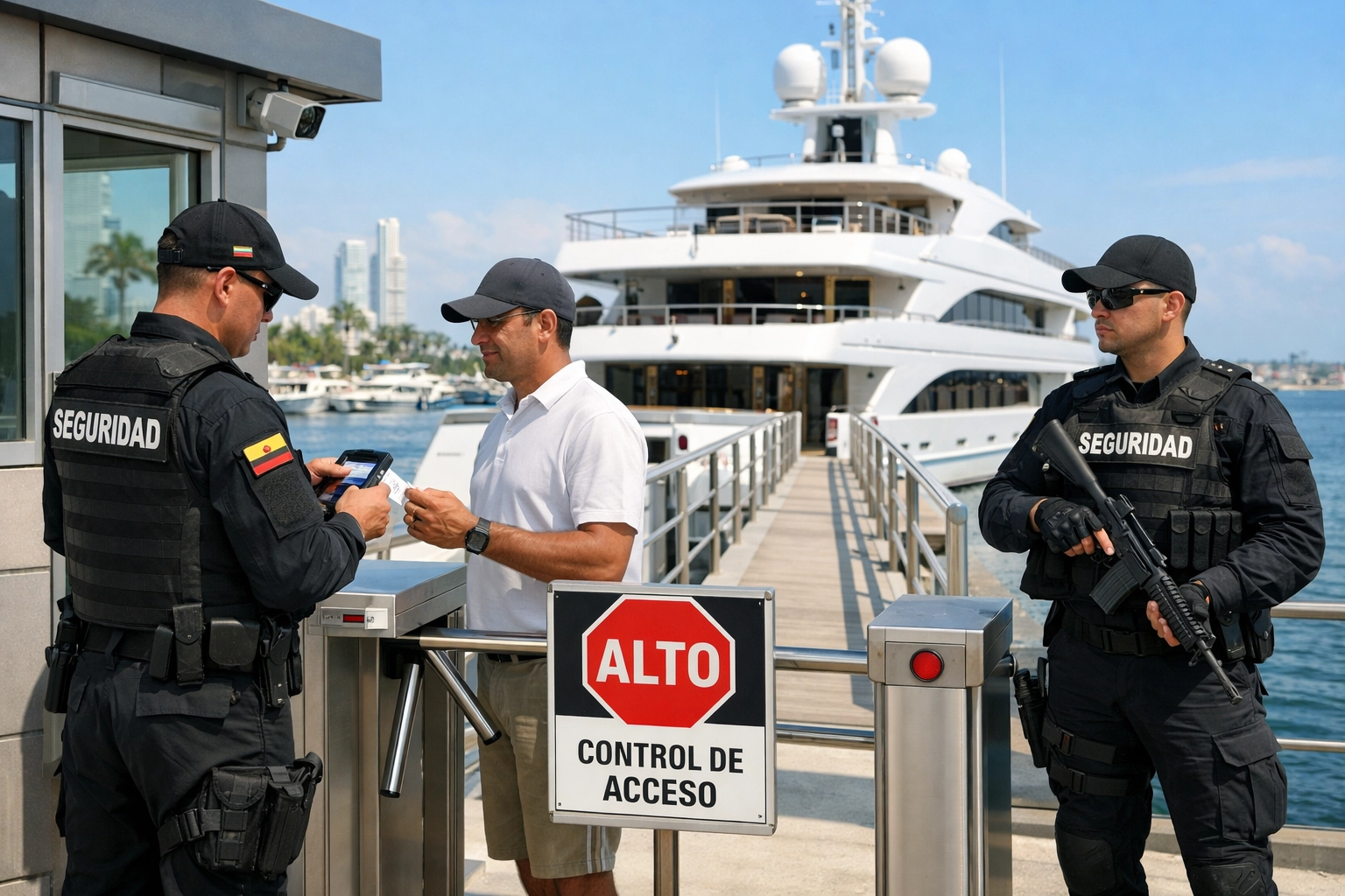 Controlled access checkpoint at secure yacht marina with professional security personnel