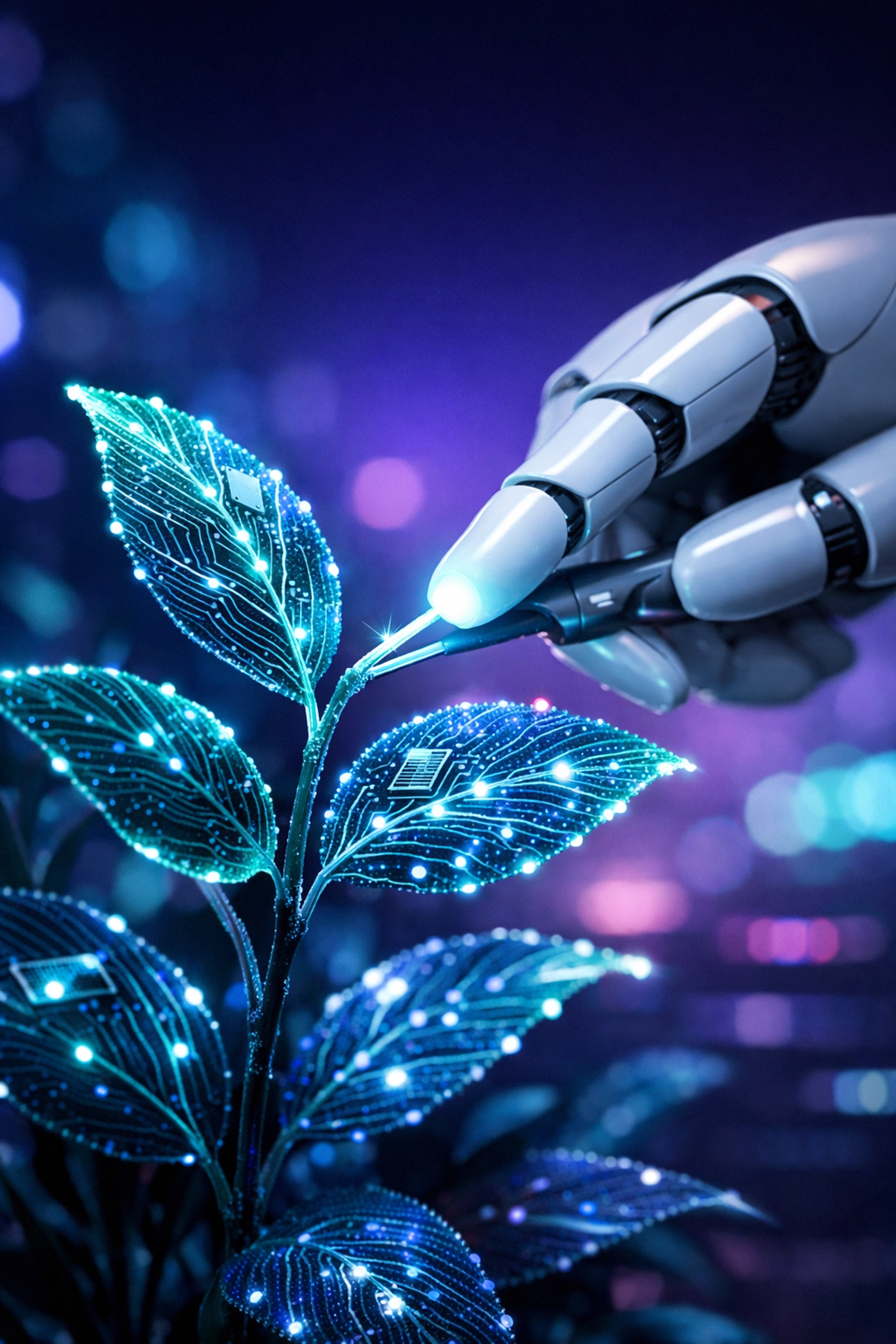 Automated website maintenance services depicted as a robotic hand pruning a digital circuit plant.