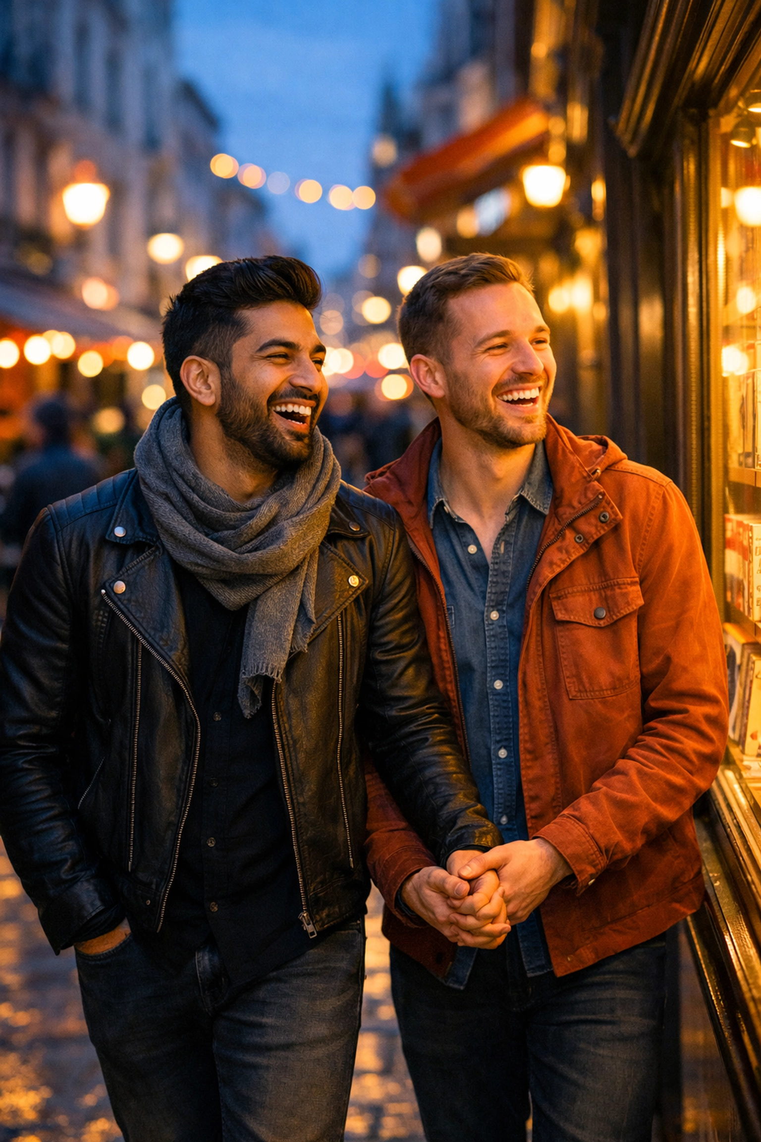 A happy gay couple of Afghan descent holding hands and laughing in a vibrant modern city.