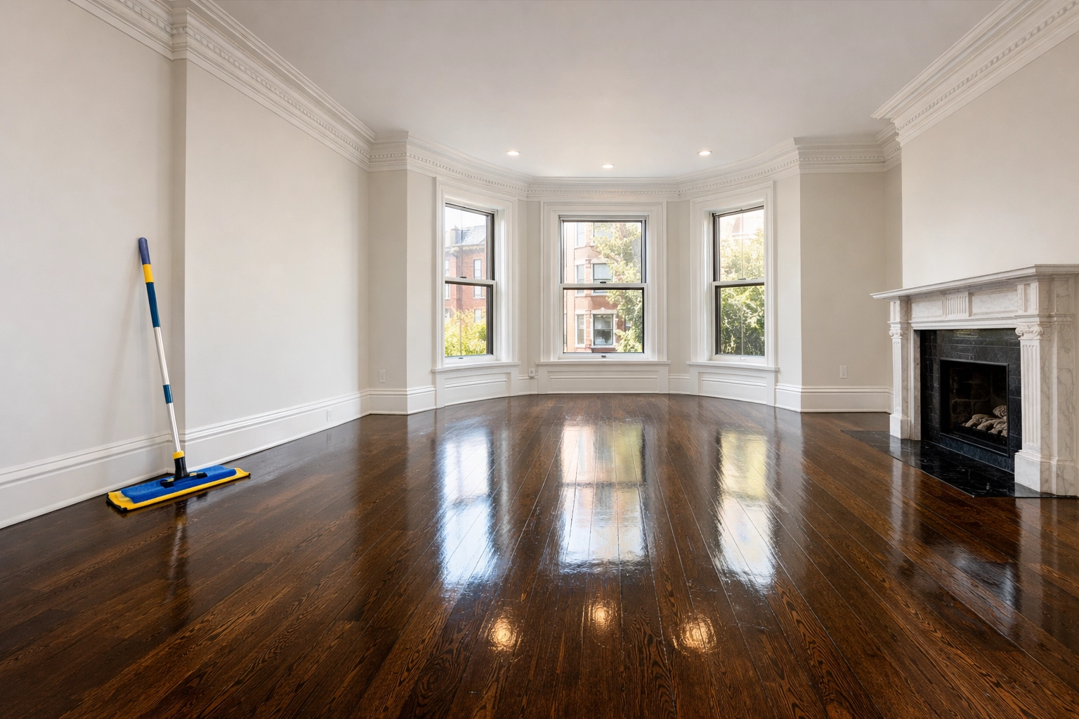 Pristine hardwood floors in an empty Boston brownstone ready for move-in cleaning services.