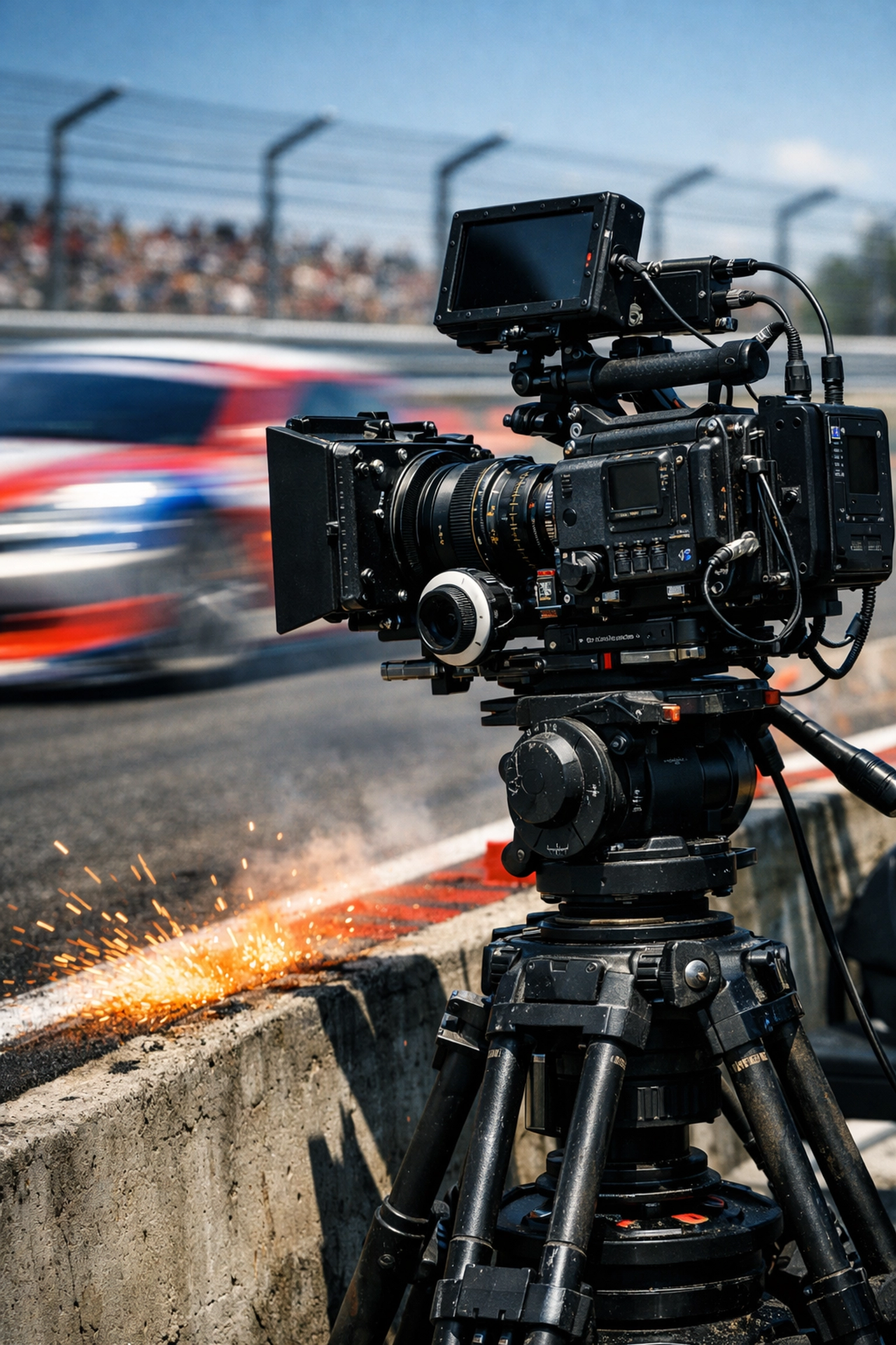 Professional camera rig at a high-speed racetrack featured in the latest photography tutorials and news.