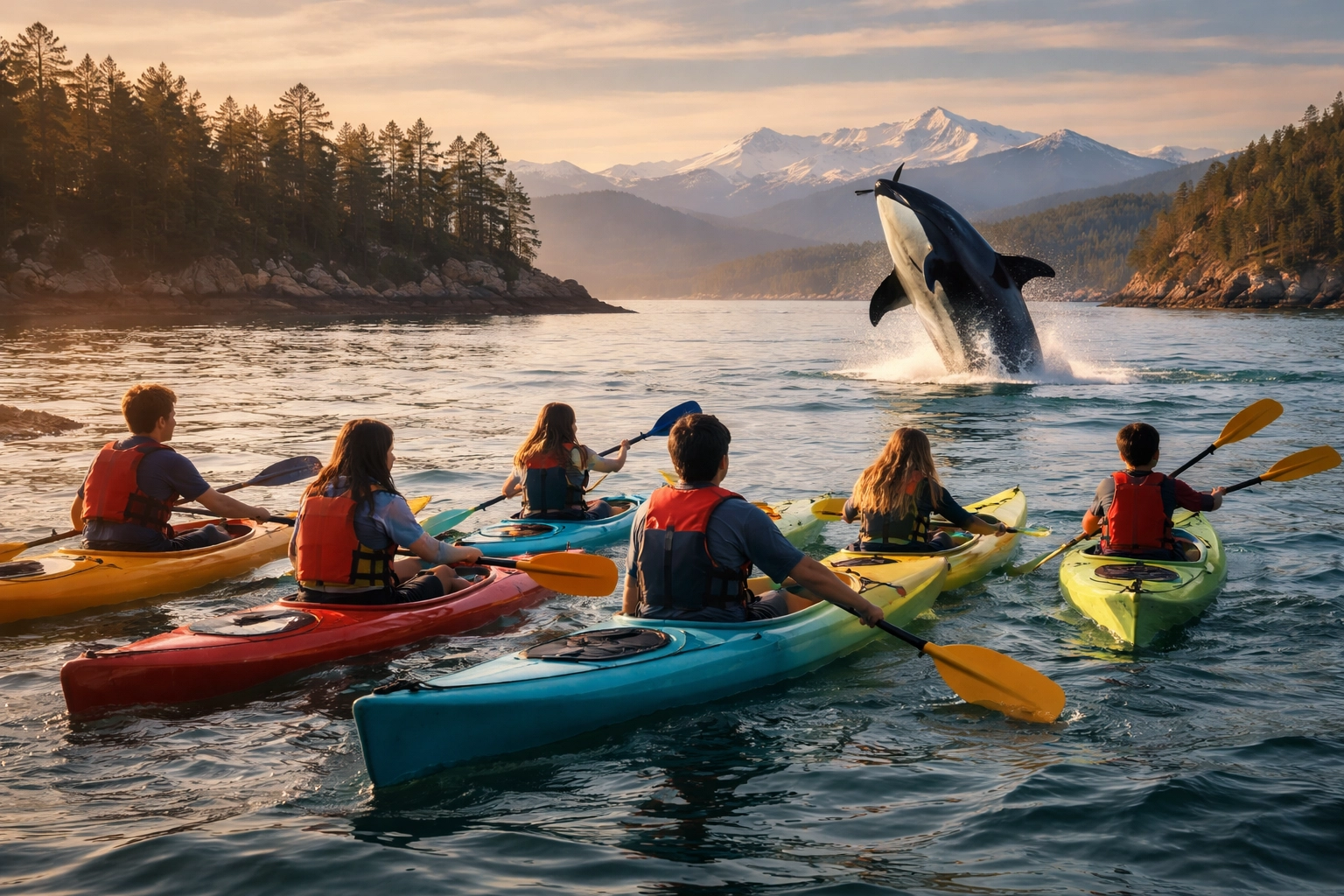 High school students kayaking in the San Juan Islands with an orca breaching and forested islands in the background