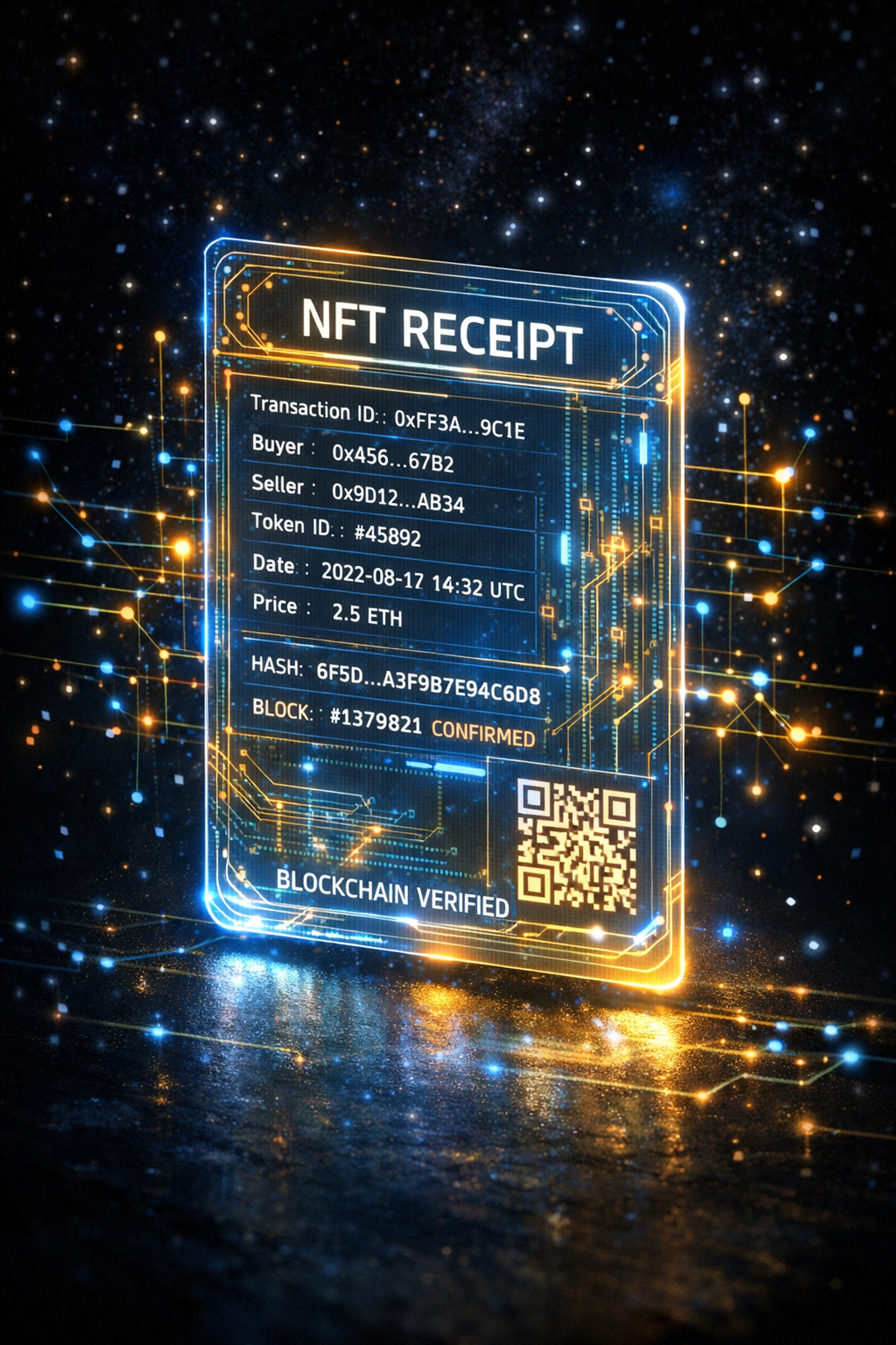 Blockchain NFT receipt displaying immutable transaction data and verification proof