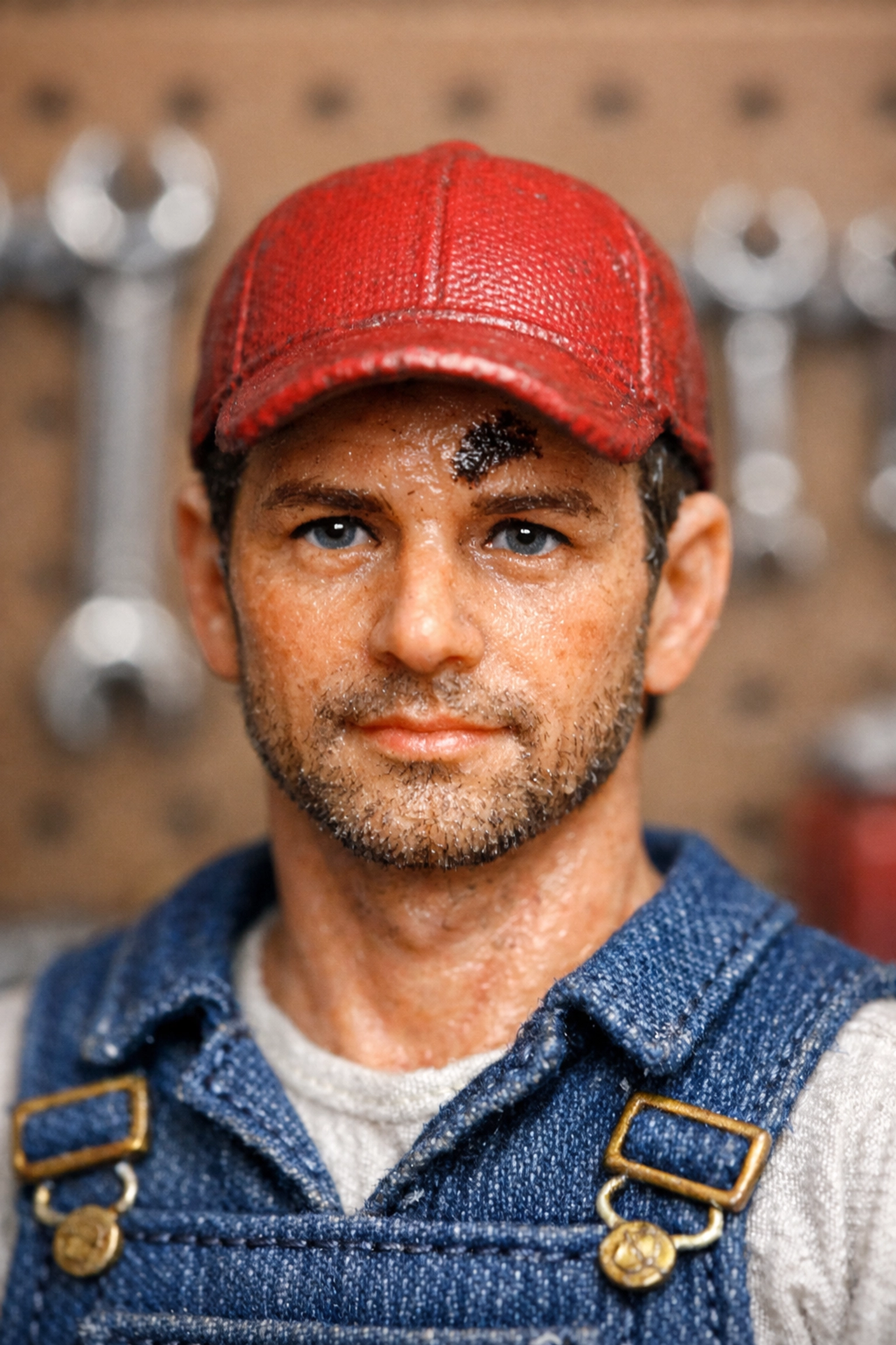 Detailed 1:64 scale mechanic figure with realistic paintwork in a miniature garage setting.