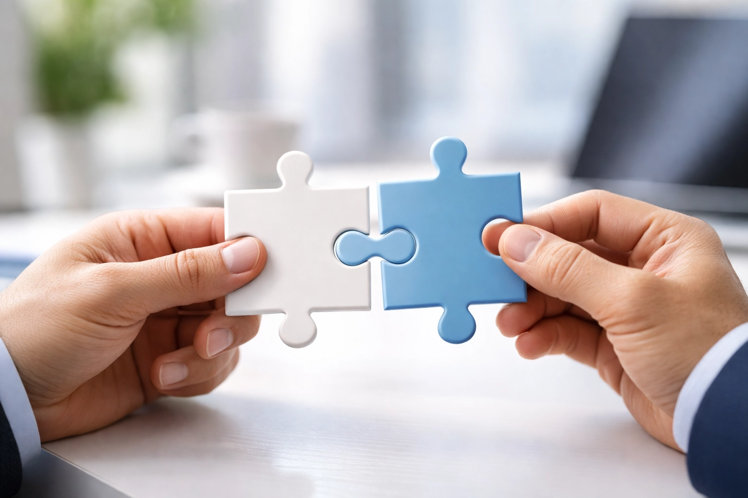 Close-up of two puzzle pieces fitting together, illustrating seamless Zoho CRM system integration.