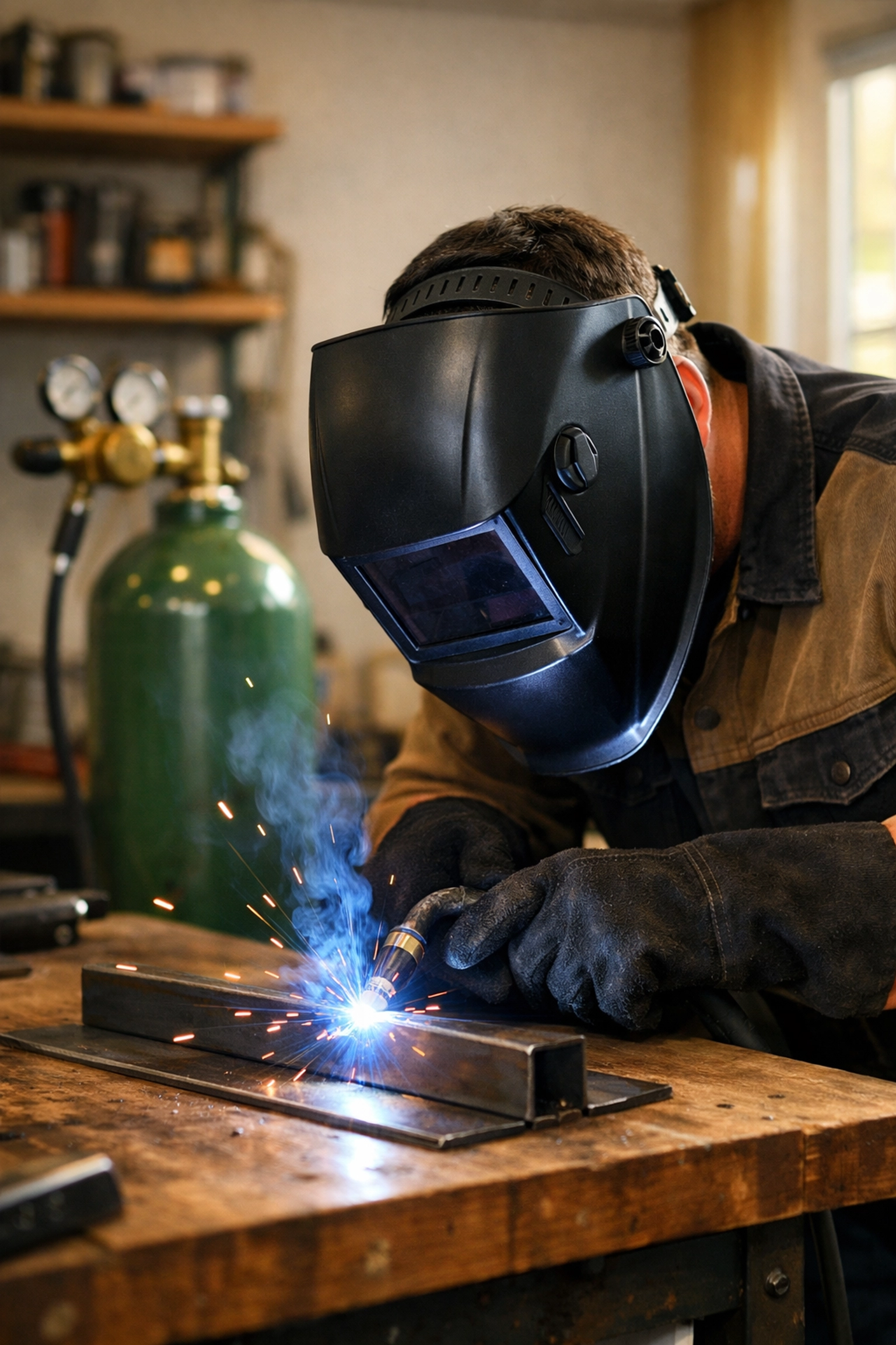 Professional welder using MIG welding gas in a workshop for clean metal shielding.