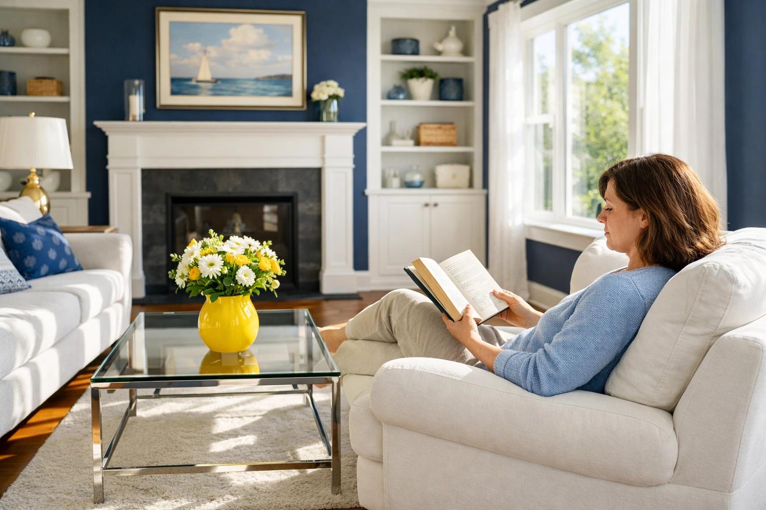 Clean Leominster living room with a person relaxing after professional house cleaning services.