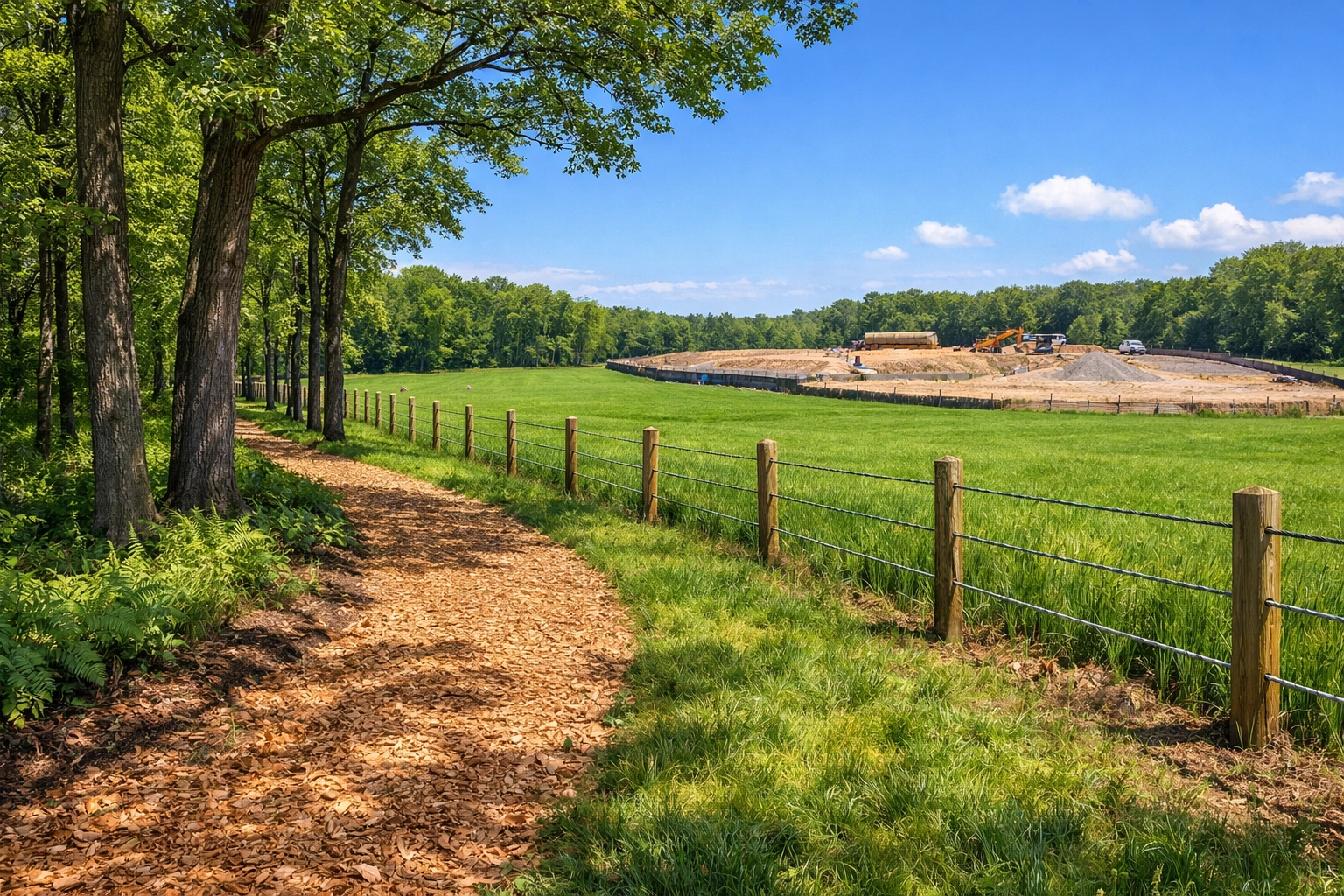 Functional land management zones in Clarkston MI with a cleared trail, secure fencerow, and lush pasture.