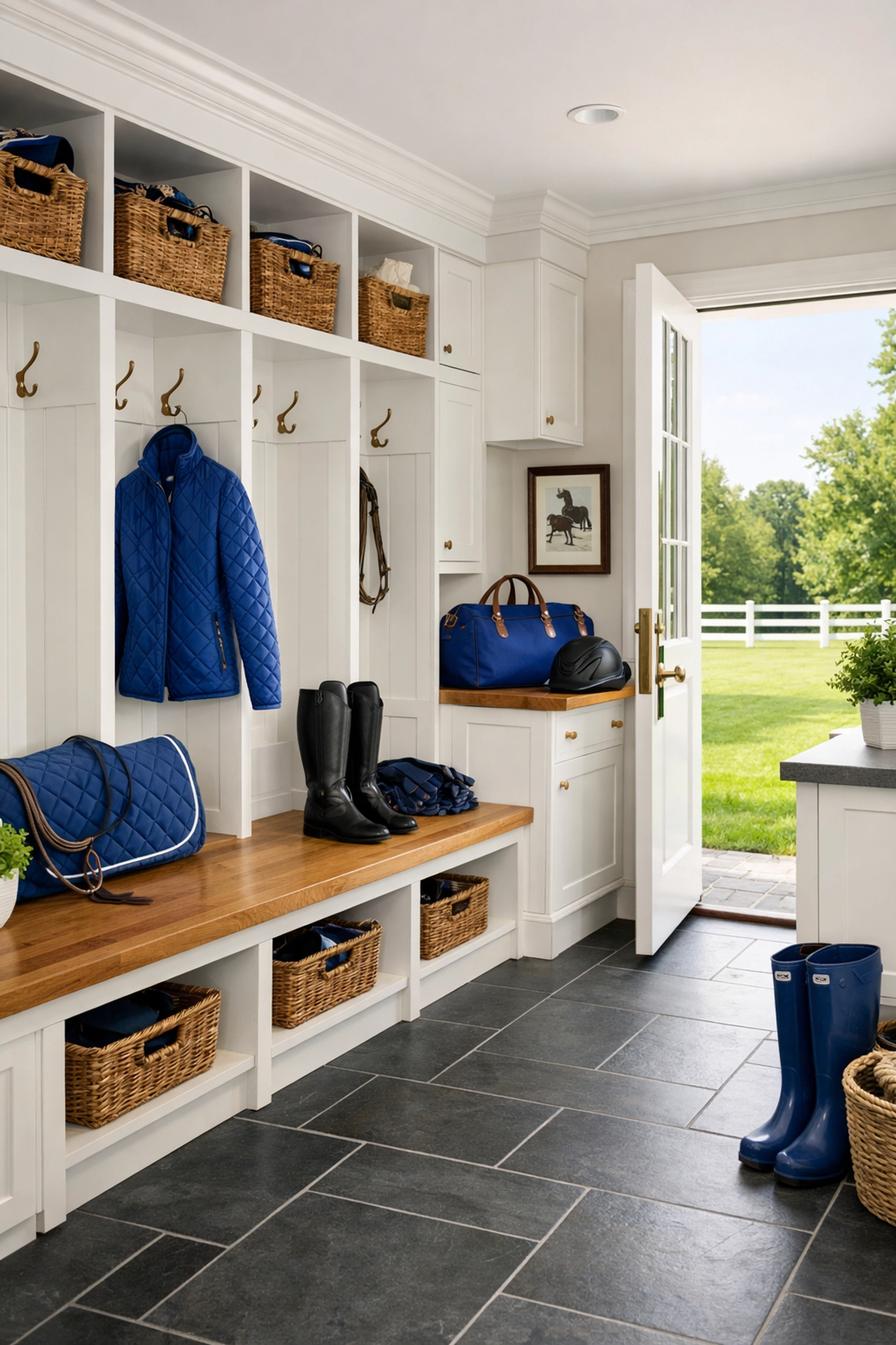 A clean luxury mudroom with slate tile flooring in a Dover MA home near equestrian trails.