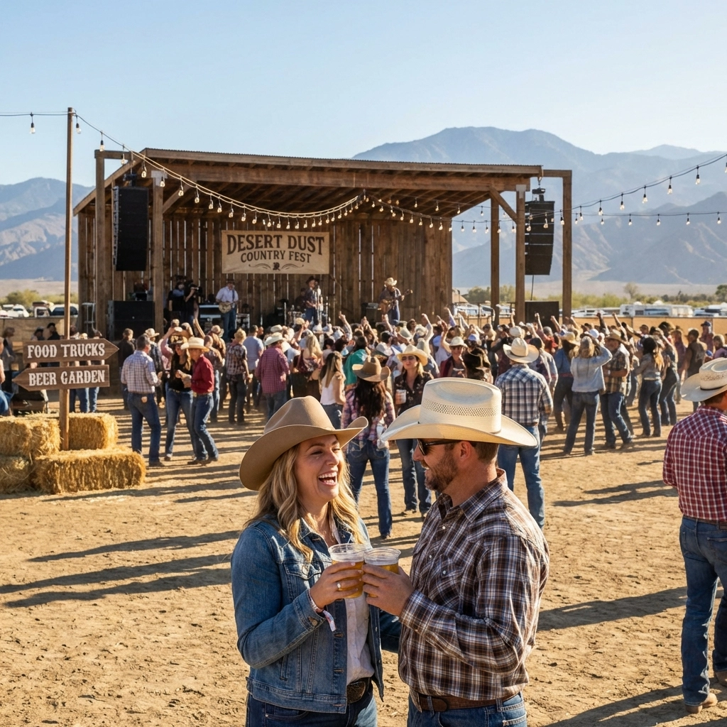 Stagecoach country music festival attendees in cowboy hats dancing at Indio polo grounds with mountain views