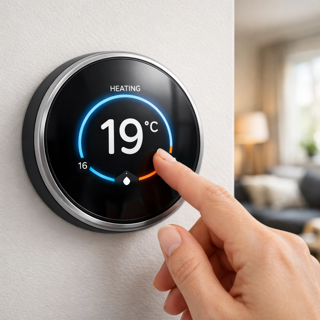Hand adjusting smart thermostat to save on heating costs in Bournemouth home