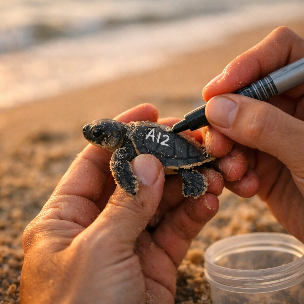 Researcher marking a sea turtle hatchling on a beach to demonstrate transparent wildlife conservation work.