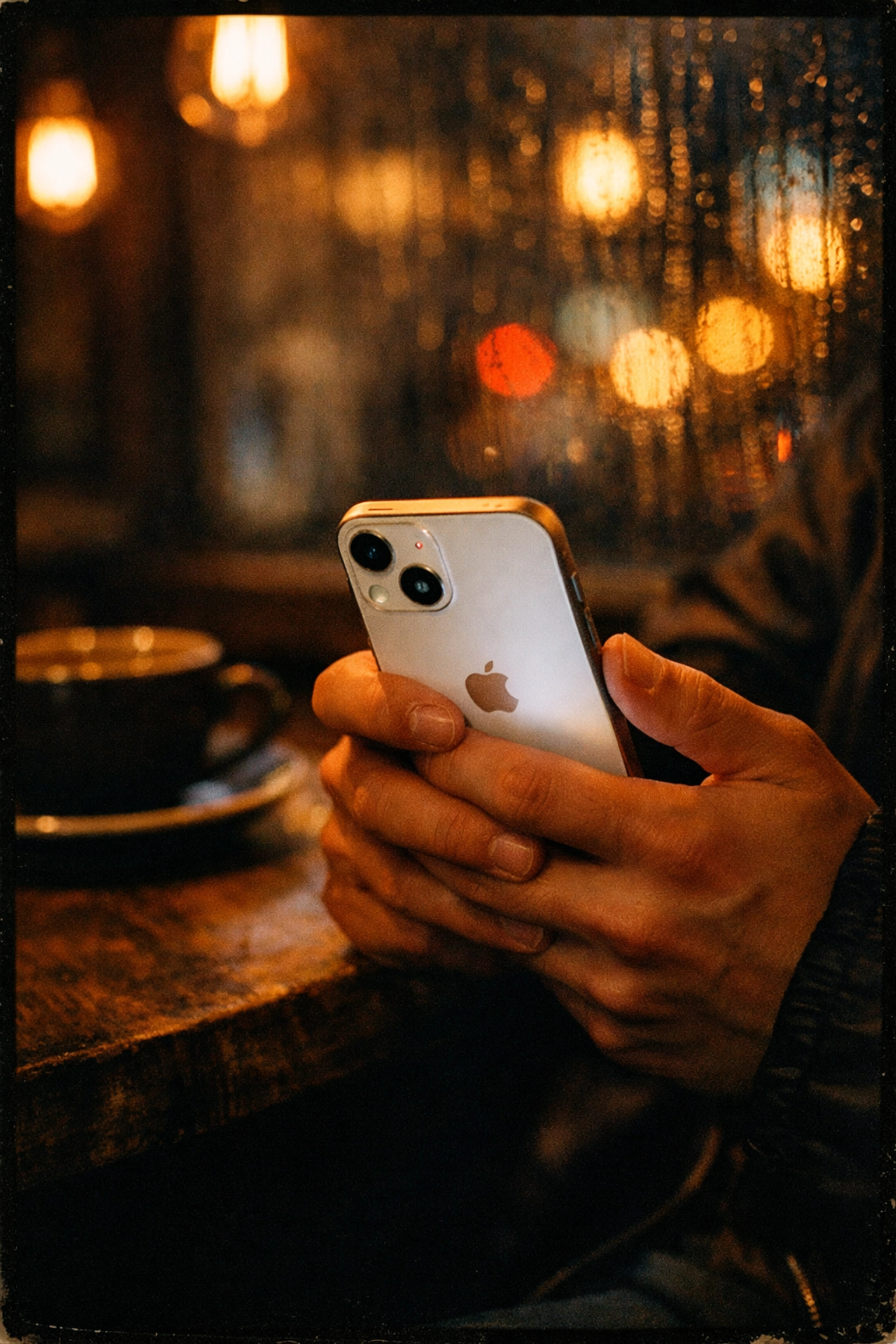 iPhone 13 held in hands at Brooklyn coffee shop with dual camera visible