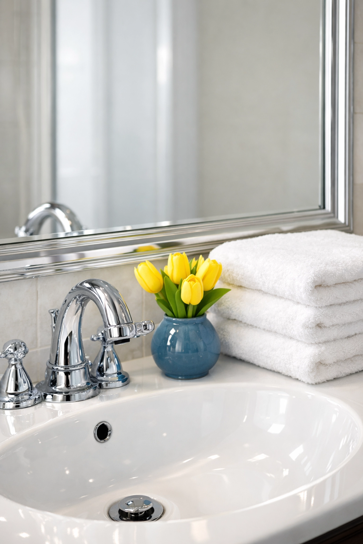 Meticulously cleaned bathroom vanity in a Shirley MA home with a sparkling sink, mirror, and fresh towels.