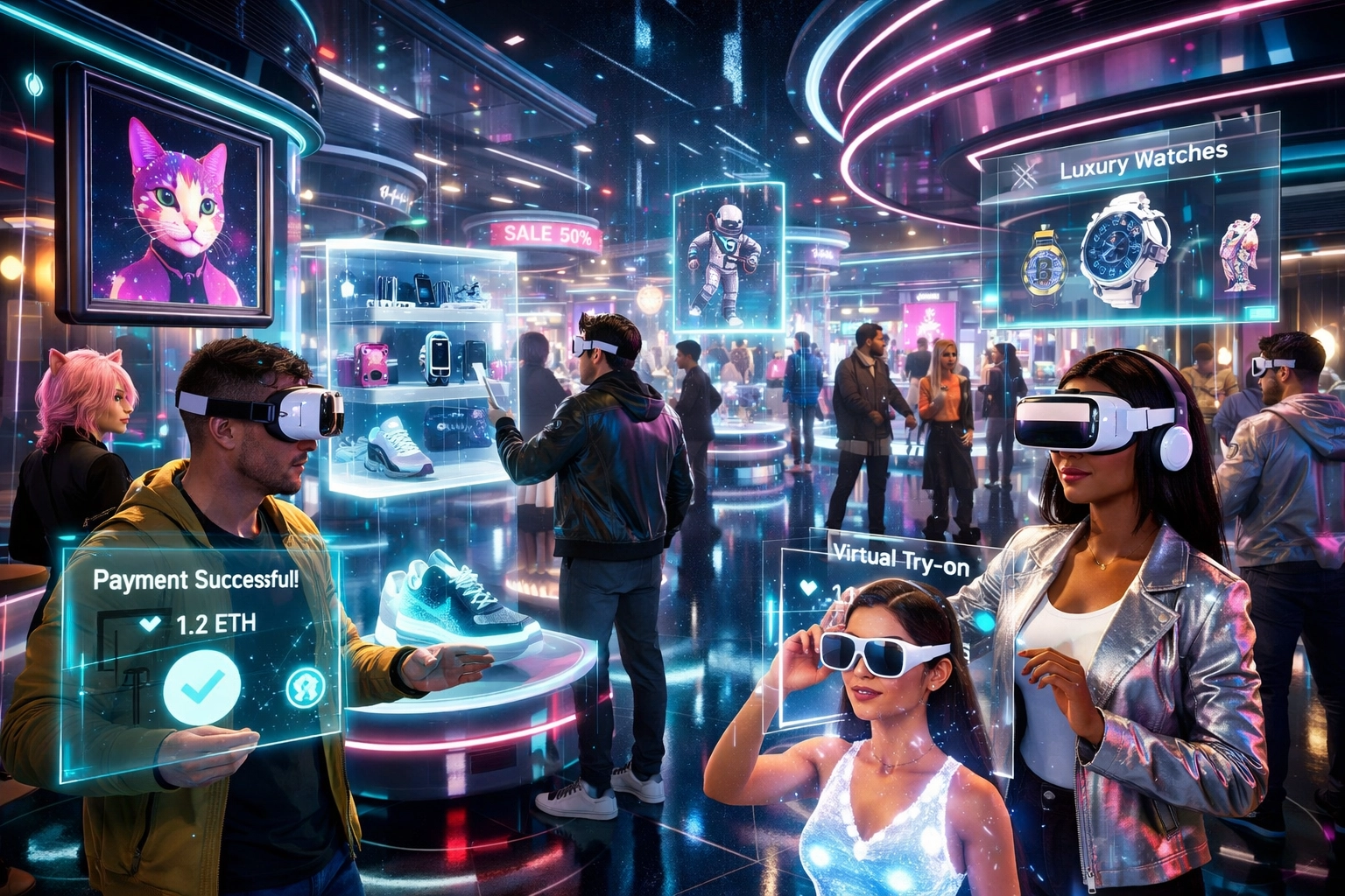 Metaverse shopping experience with avatars browsing virtual storefronts using crypto payments and VR