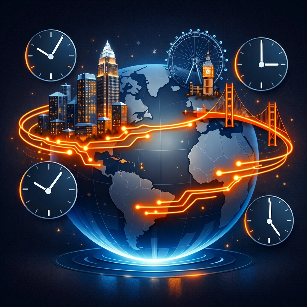 Charlotte skyline connected to global cities on a map, showing time zone coordination for international business.