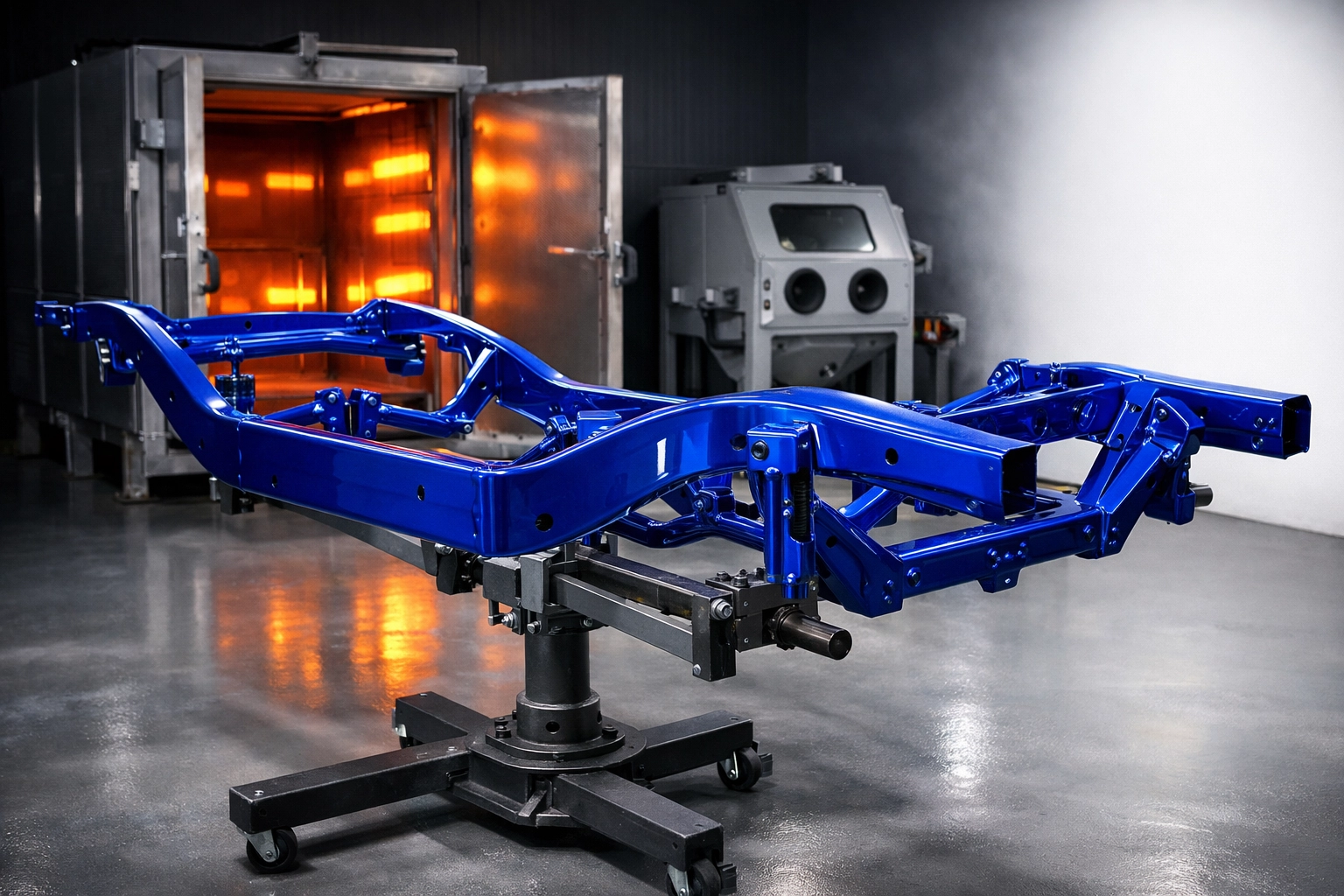 Professionally powder coated hot rod frame in blue finish at coating facility