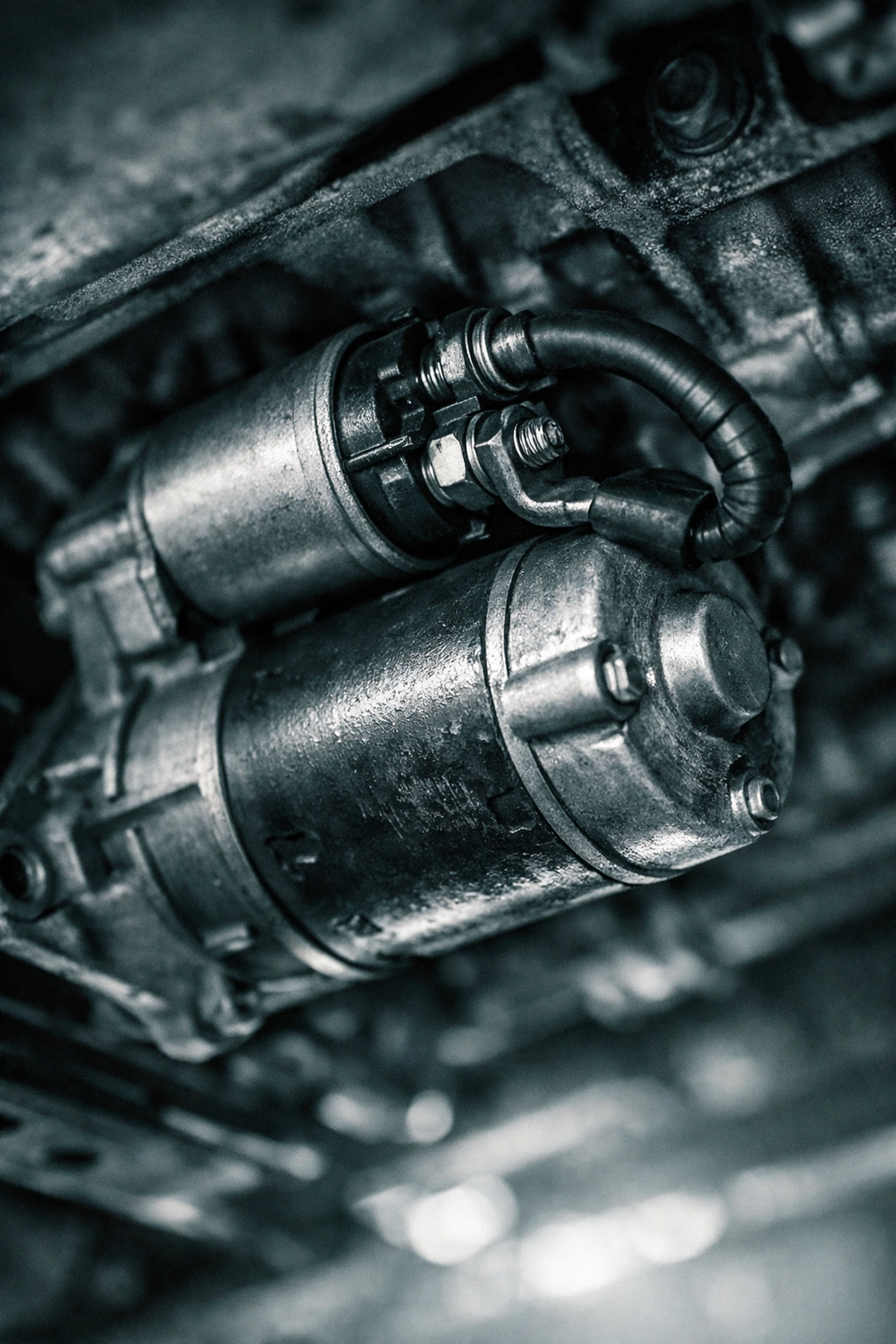 View of a car starter motor beneath the engine being inspected by a mechanic in Springdale AR.