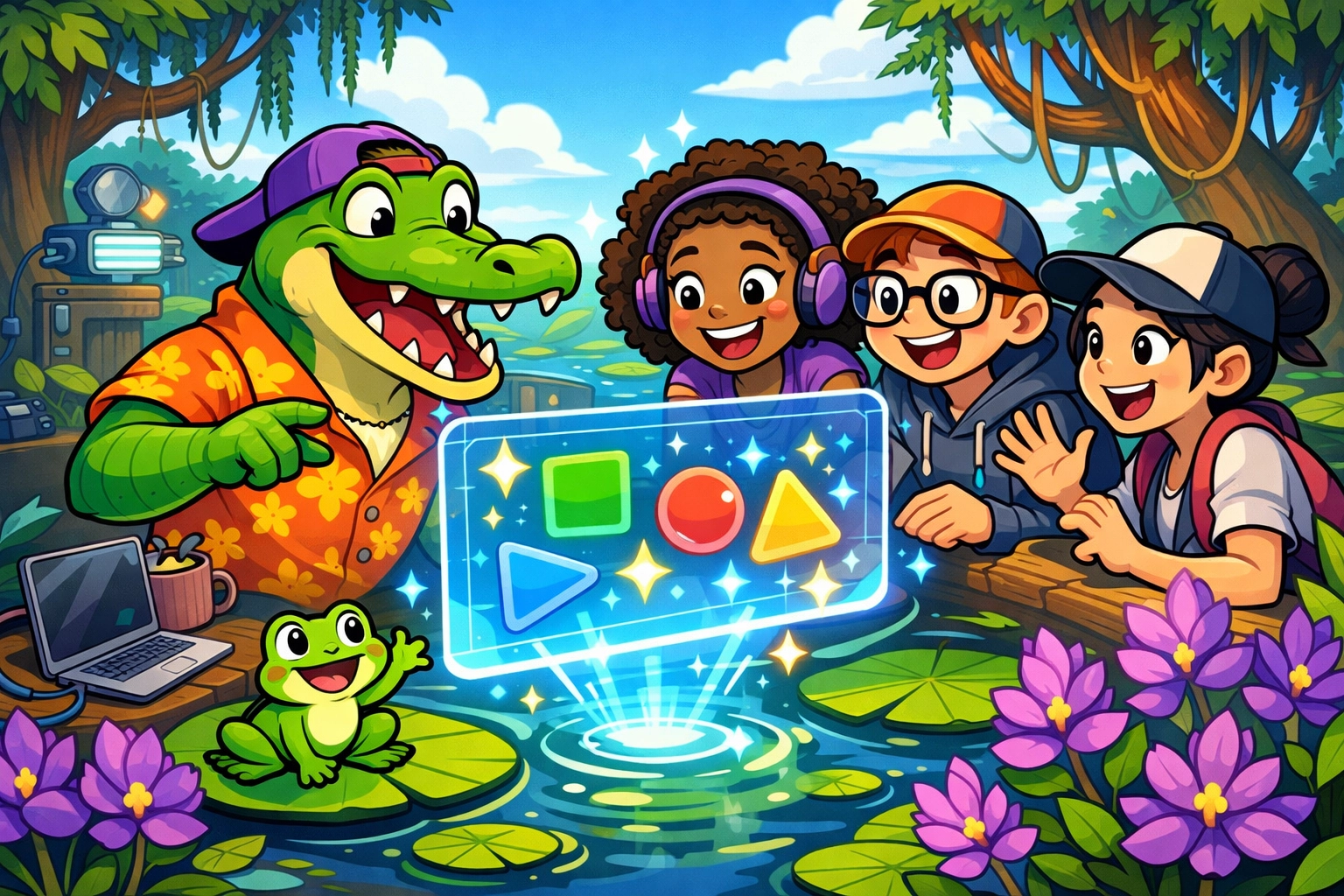 Whimsical swamp characters using a holographic AI interface to manage invisible disabilities and tasks.