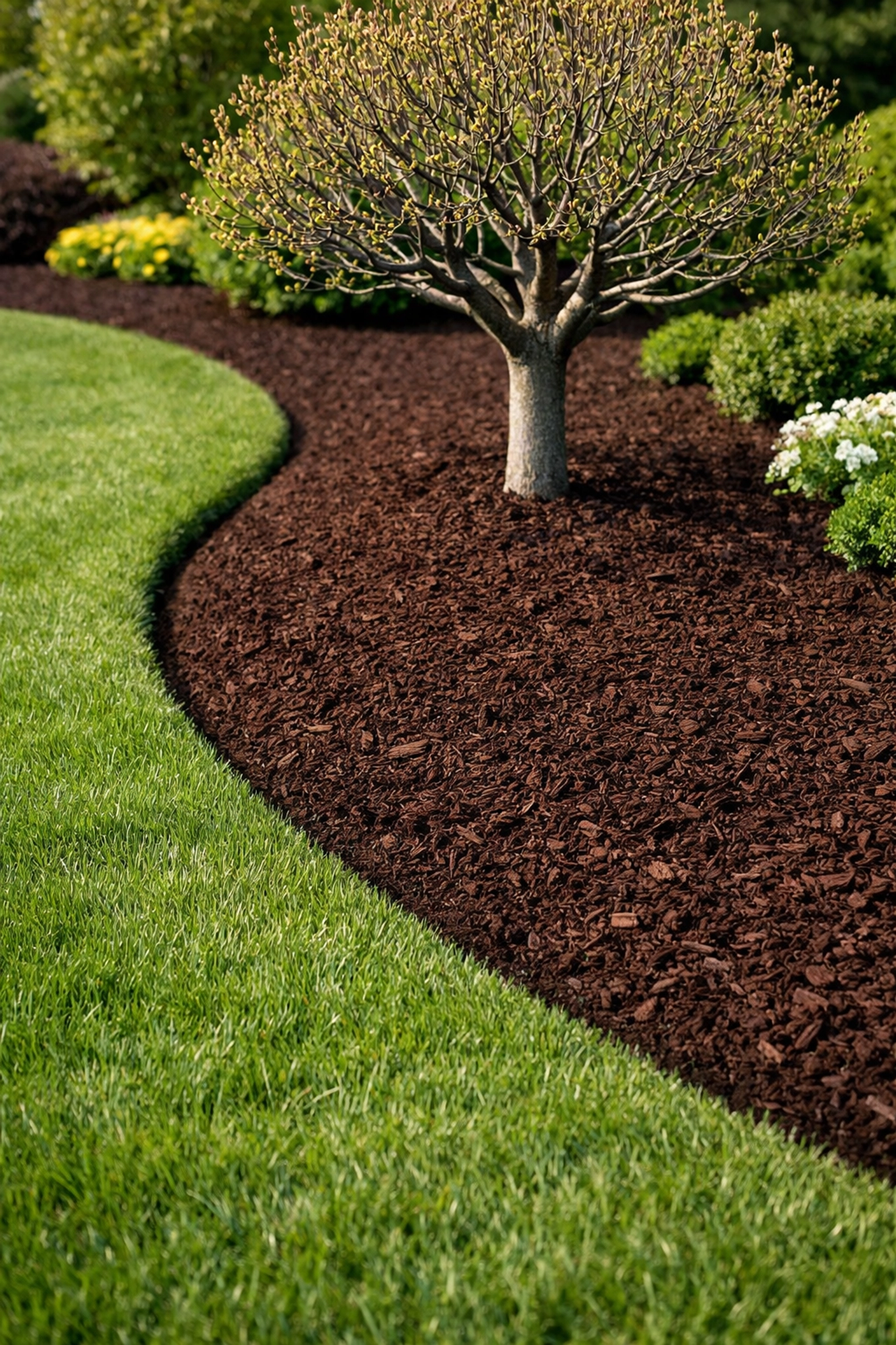 Manicured garden bed with fresh mulch and a pruned ornamental tree after a professional spring clean-up.