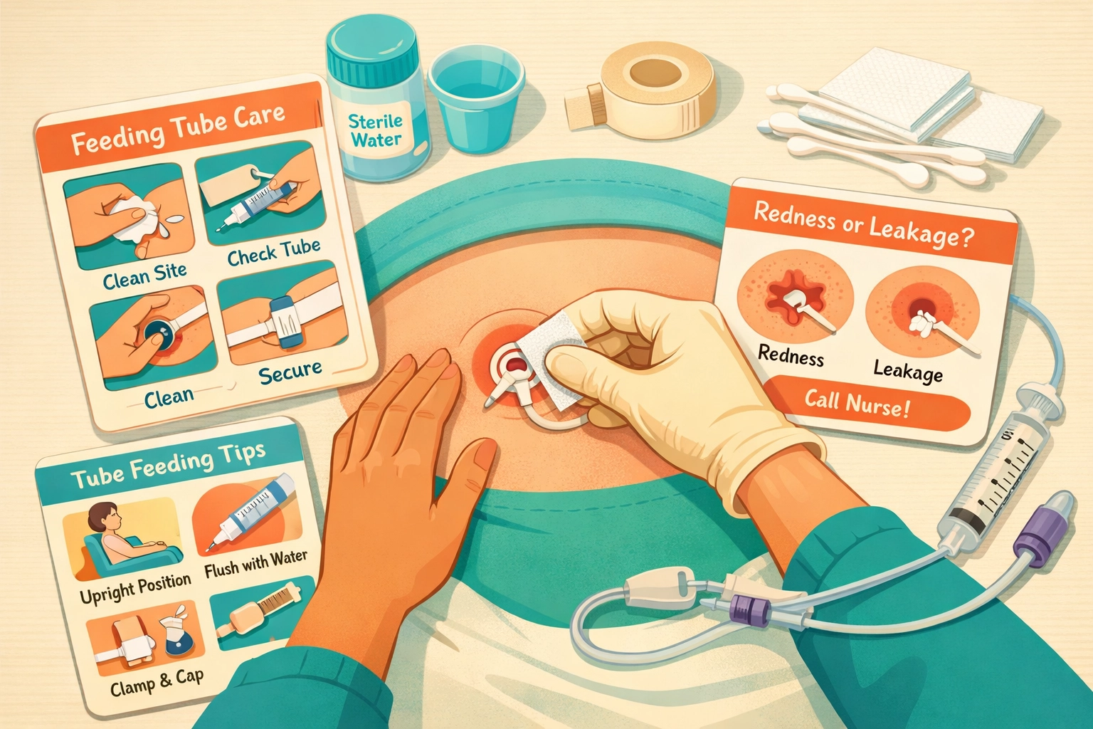 Nurse demonstrating feeding tube care techniques to parents during training