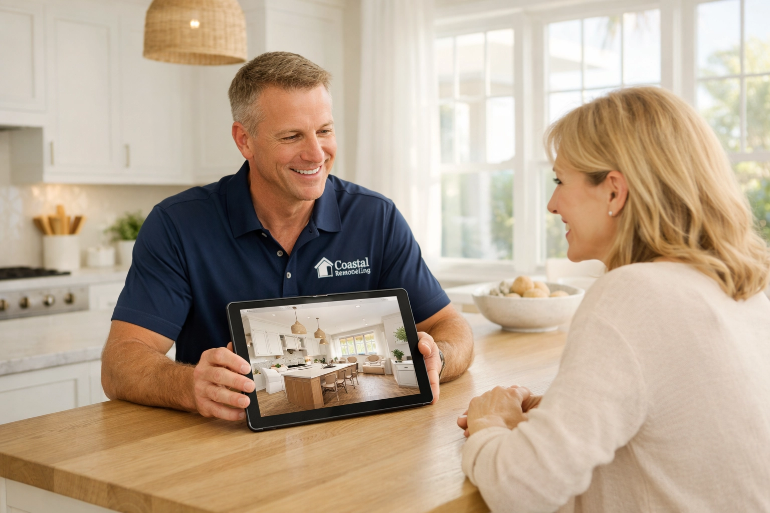 Orlando remodeling expert and homeowner reviewing digital renovation plans during a professional consultation.