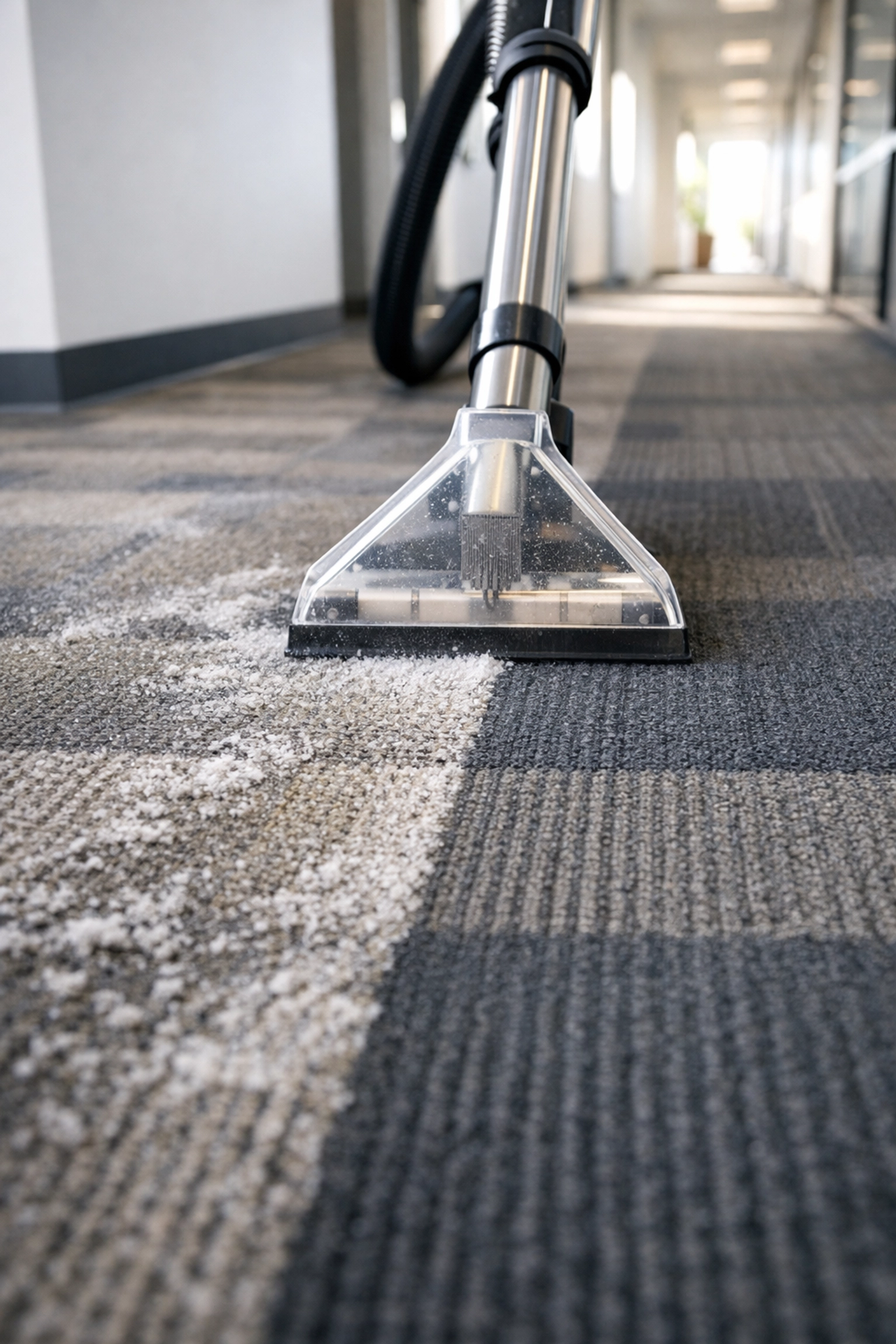 Professional carpet extraction machine removing salt buildup in a Midwest commercial hallway.