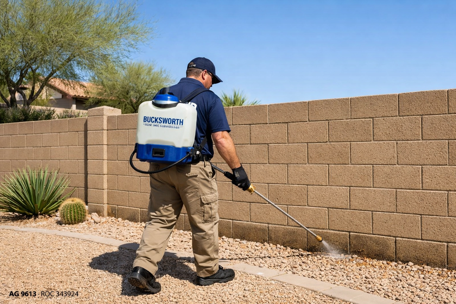 Bucksworth technician treating a Phoenix block wall for scorpions using a professional Flozone backpack sprayer.