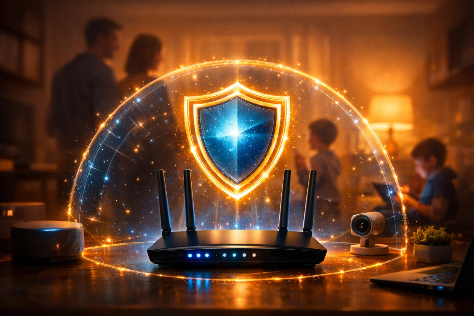 Home router and network scene with a visual “shield” concept, family silhouettes in background, warm cinematic lighting