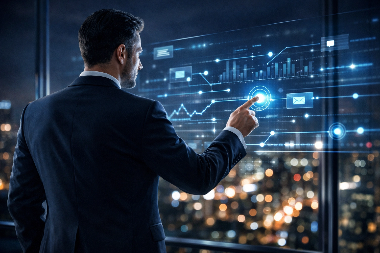 Business professional monitoring digital notifications for proactive online reputation management.