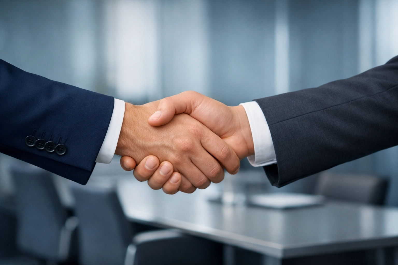 Professional handshake finalizing a business sale in an Alabama conference room, ensuring a secure retirement.