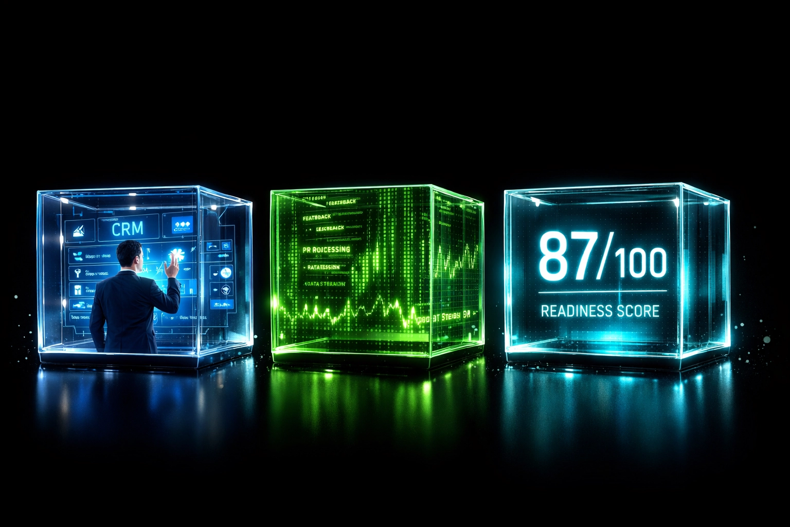 Three-step AI assessment framework showing workflow simulation, instant feedback, and readiness score