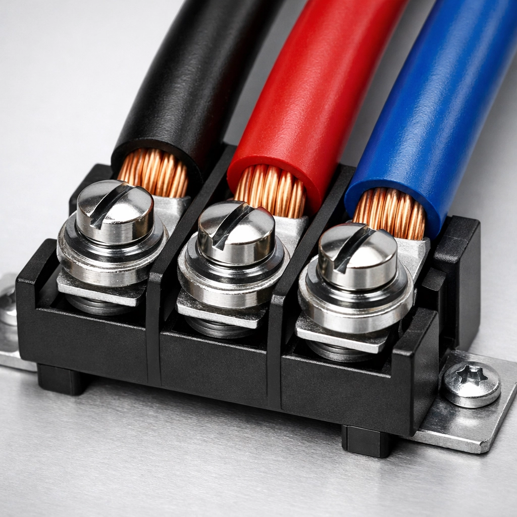 Close-up of 220V 3 phase wiring connected to an industrial terminal block for power distribution.