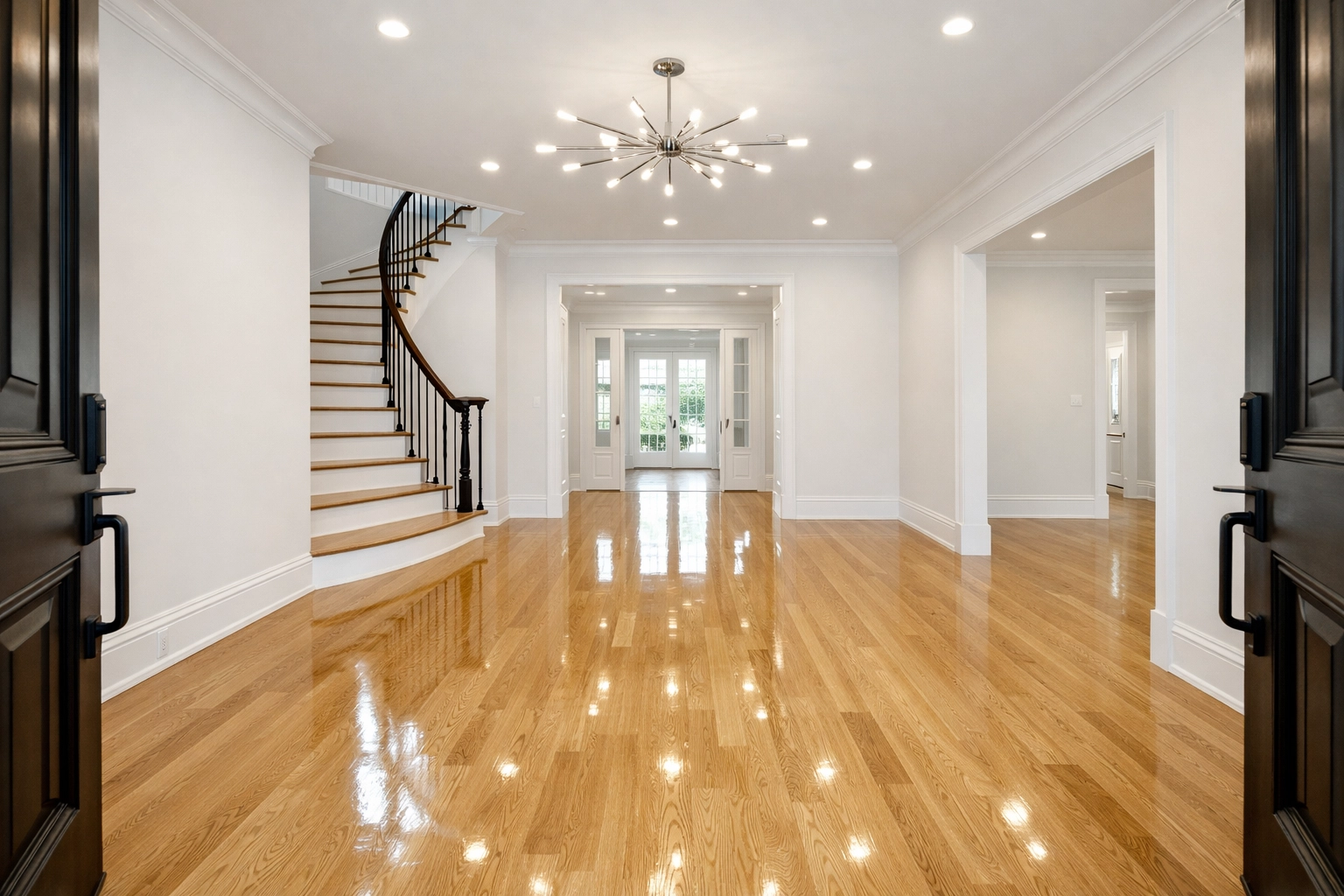 Sanitized foyer with polished floors after a professional house cleaning service in Newton Massachusetts.