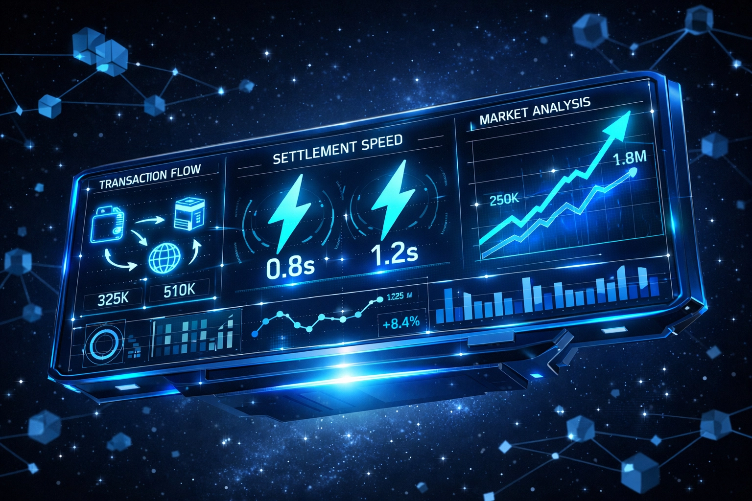 Larecoin blockchain dashboard displaying real-time transaction metrics and 3-second settlement speeds