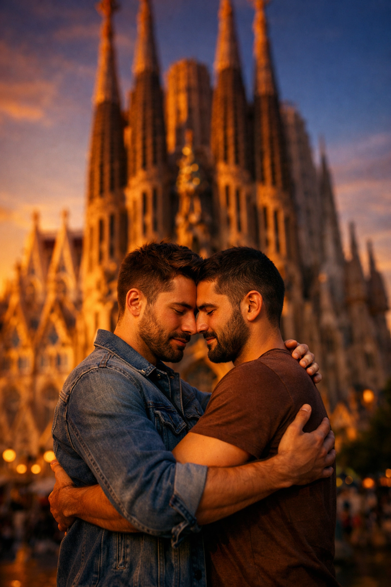 Gay couple embracing at Barcelona's Sagrada Familia representing LGBTQ+ acceptance in modern Spain