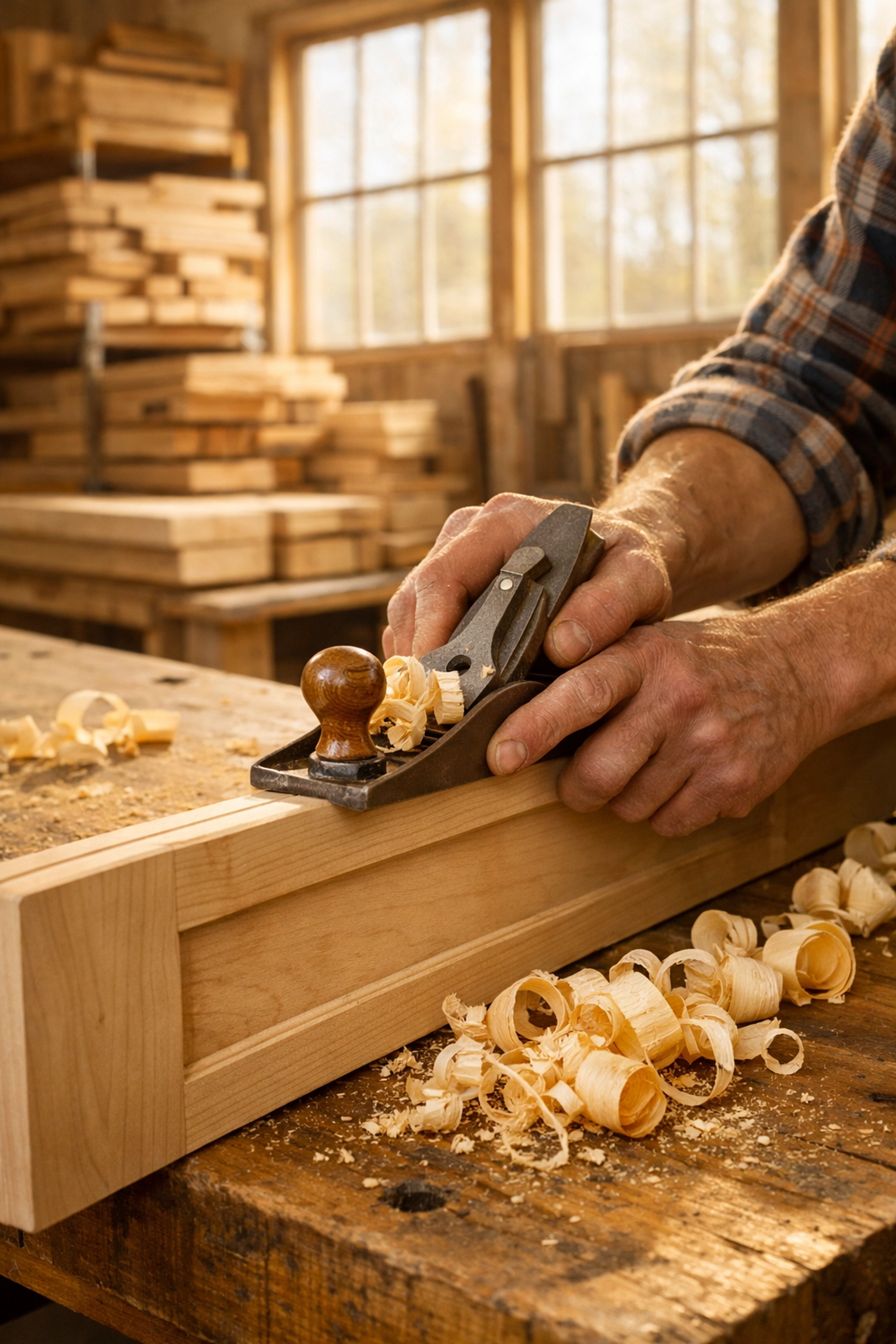 A skilled craftsman hand-planing a custom wood cabinet door in a local Minnesota workshop.