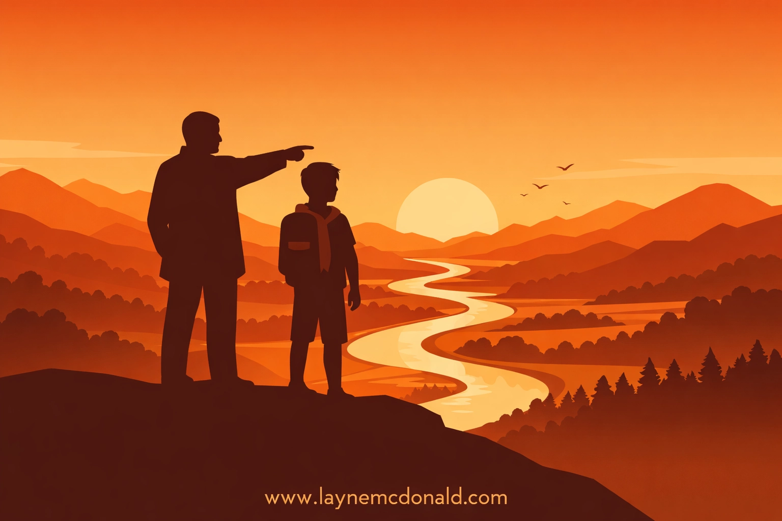 Silhouettes of a mentor and student overlooking a valley, illustrating visionary leadership and stewardship values.