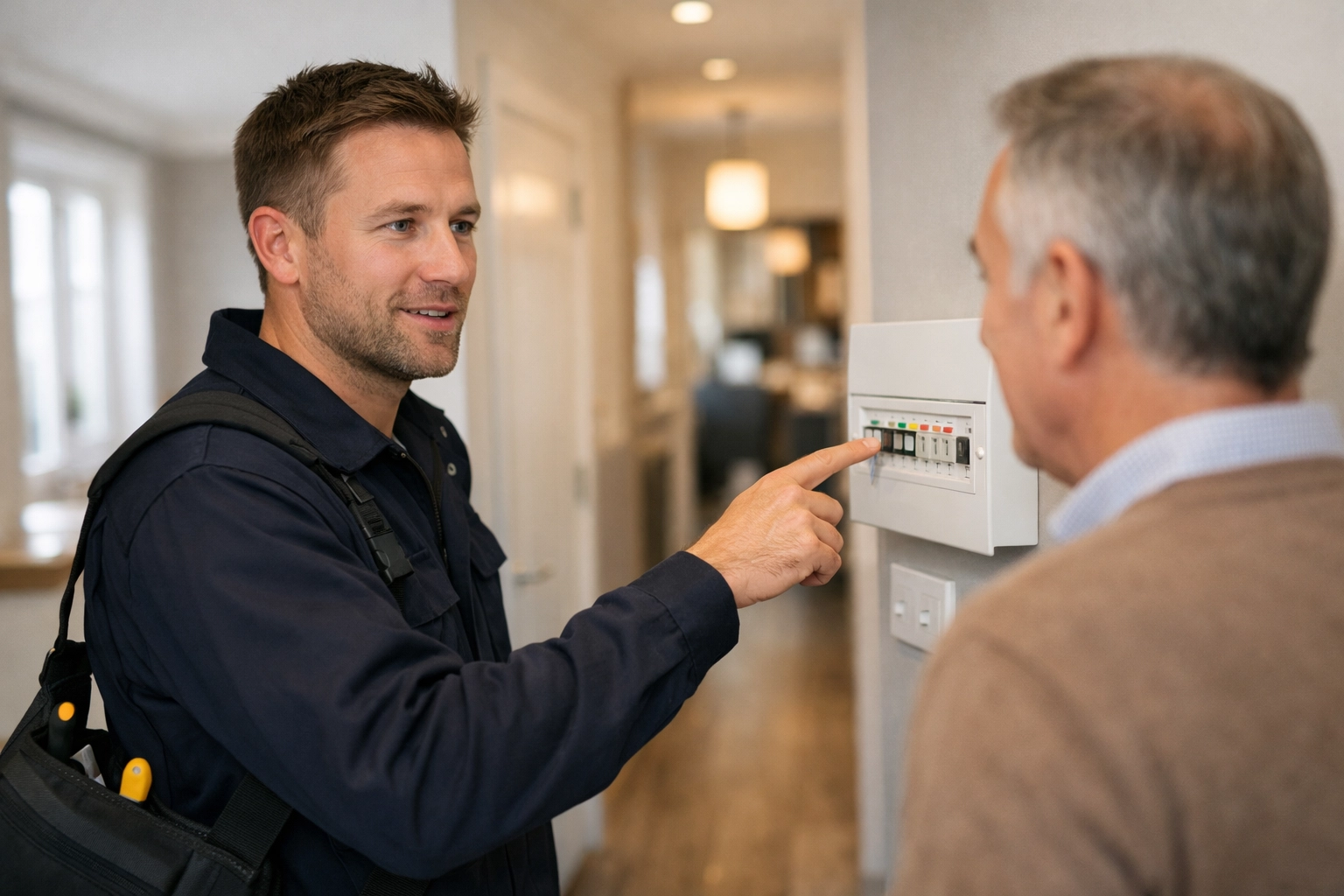 Dorset electrician discussing EICR regulations and electrical safety with a landlord in a residential hallway.