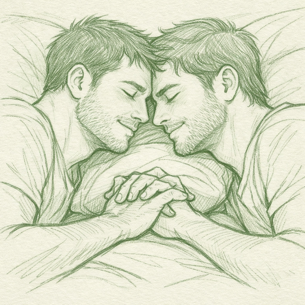 A male couple sharing a quiet, intimate moment in bed, reflecting emotional depth in MM romance stories.