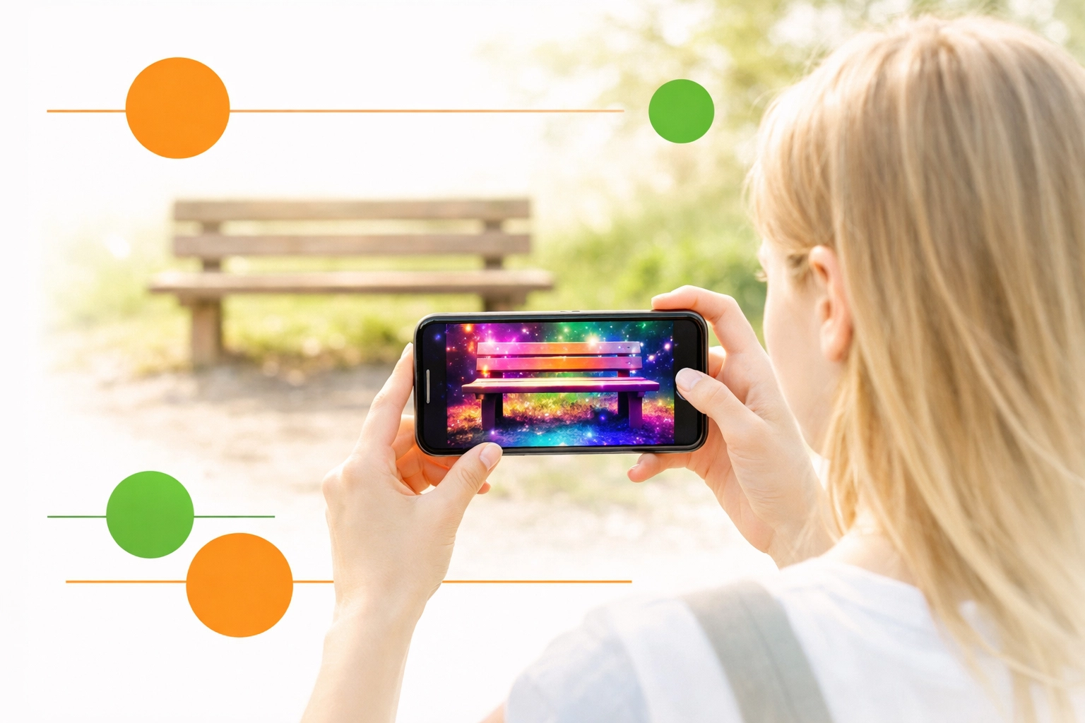 Teen girl comparing a filtered phone screen to a real-life park bench, teaching digital literacy.
