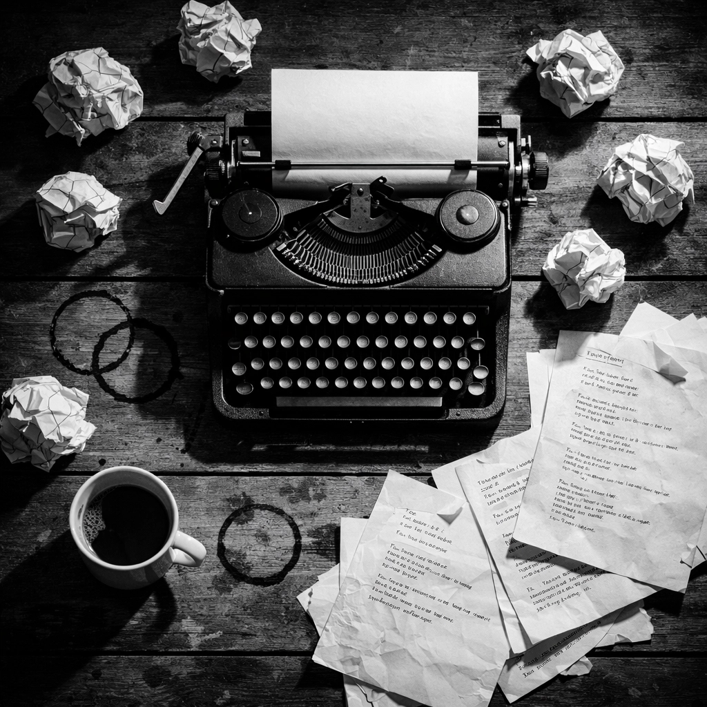 Typewriter surrounded by crumpled drafts and coffee during songwriting creative process